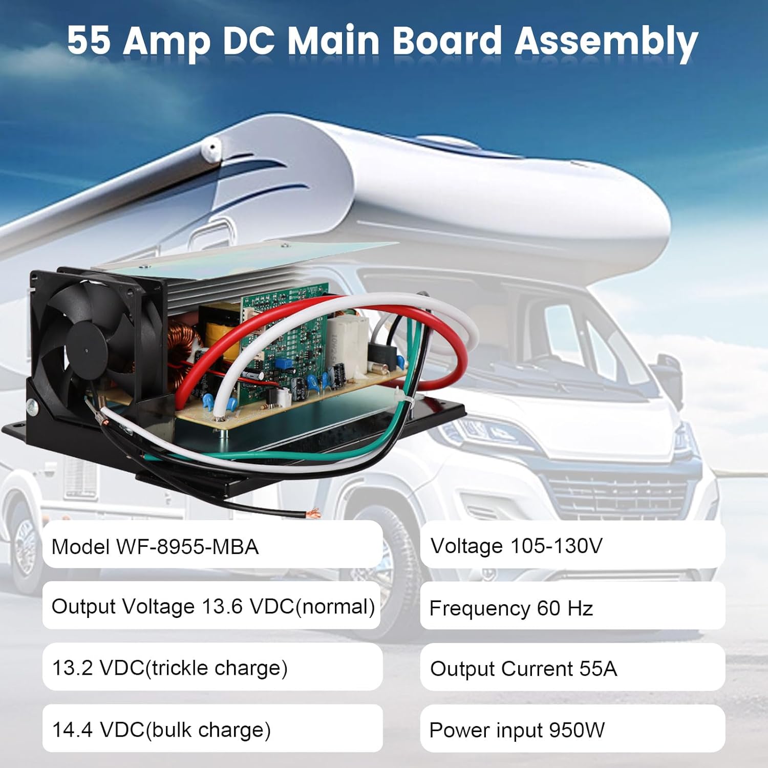 WF-8955-AD-MBA Main Board Assembly 55 Amp, WF-8955AN RV Power Converter, 13.6V Three Stages Smart Charge, Compatible with WF-8955PEC WF-8955-MBA