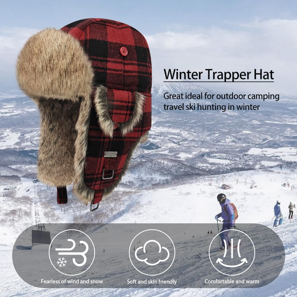 Fliegermütze Winter Wool Mütze Pilotenmütze mit Kunstfell Ohrenschützer für Herren und Damen