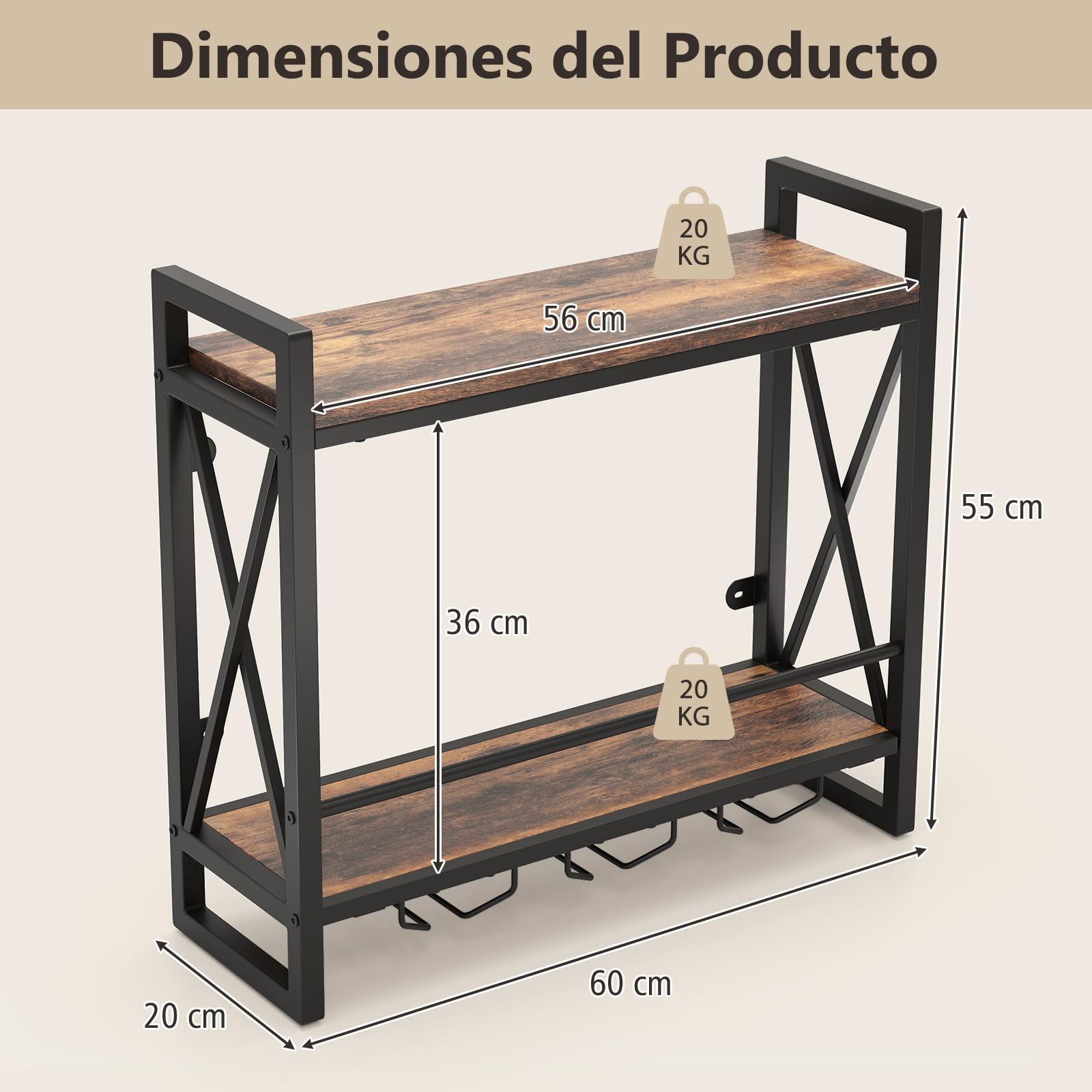 COSTWAY Estante de Vino Industrial de Pared, Estante de Vino de Pared de 2 Niveles con 3 Portavasos para Copas, Soporte de Botellas de Vino Colgante de Metal para Bar Cocina (60 x 20 x 55 cm)