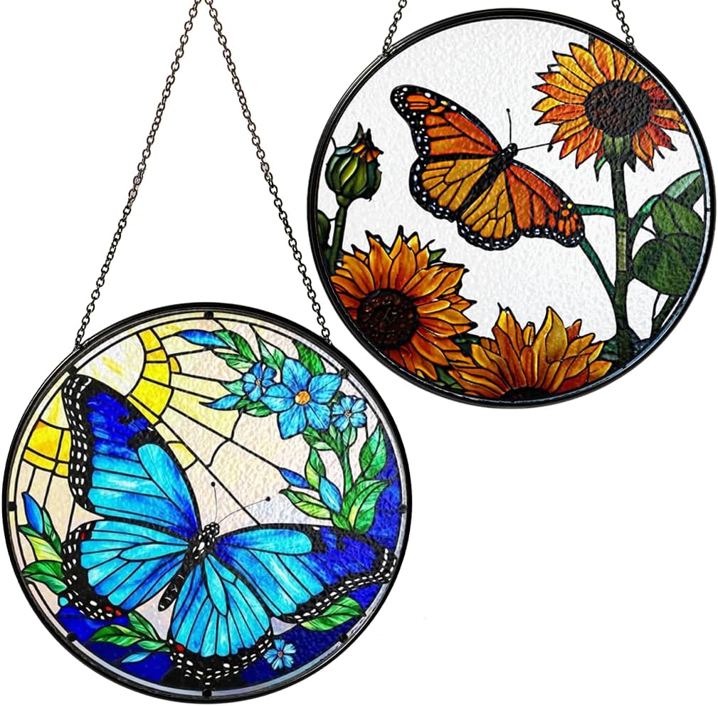 2 Stained Glass 7.8" Butterfly Stained Glass Suncatcher, Butterfly Sunflowers Stained Glass Suncatcher Art, Art Decor for Home Garden Housewarming, Gift for Pet Animal Nature Floral Lovers