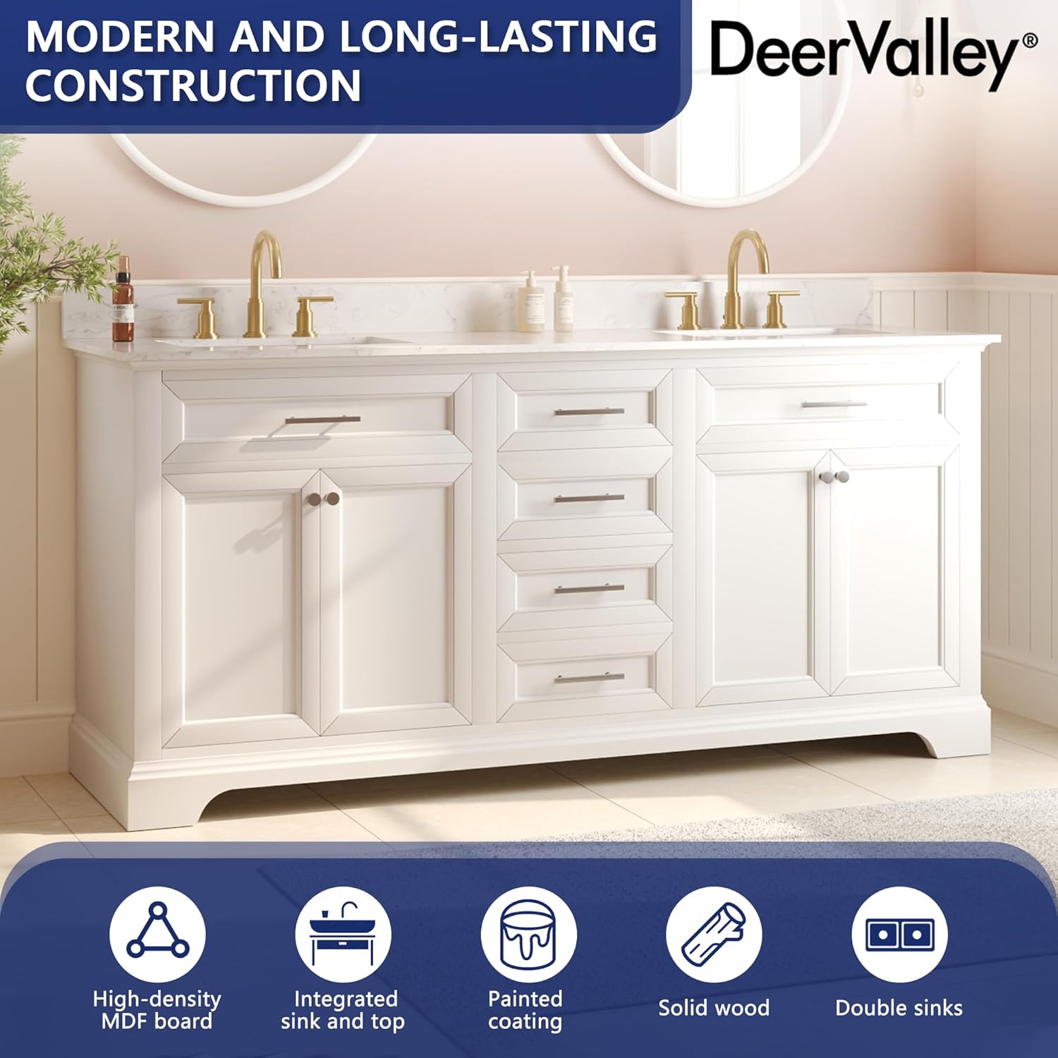 DeerValley 72'' Bathroom Vanity with Double Sink Top, Pre-Assembled Modern Wood Bathroom Cabinet Sink Combo with Backsplash, Soft Closing Doors, Multifunctional Storage Space Vanity (White)
