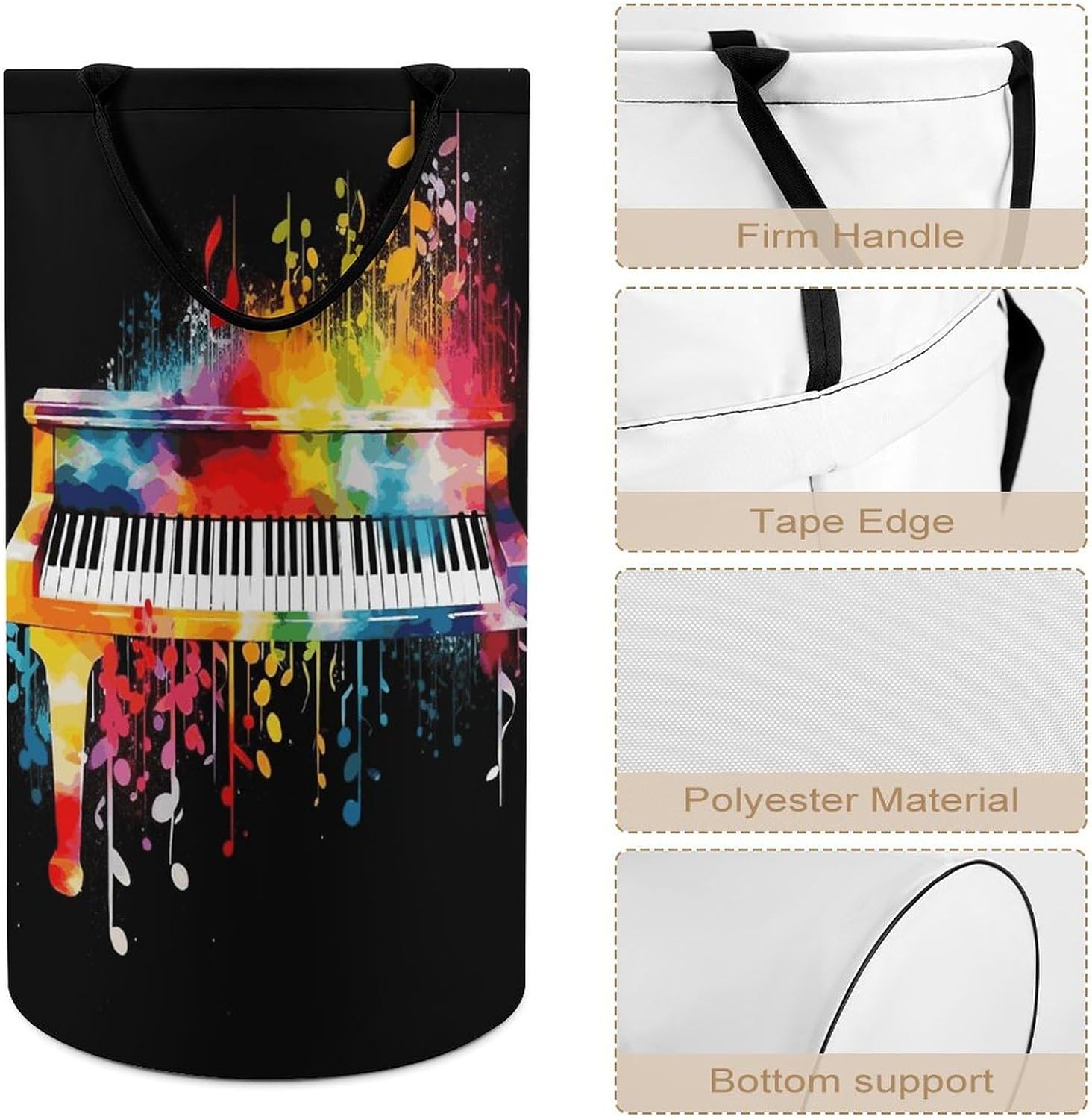 Colorful Piano Keyboard Music Note Laundry Basket, Collapsible Dirty Clothes Hamper with Easy Carry Handles, Large Storage Basket for Laundry Room Dorm, Family image 4