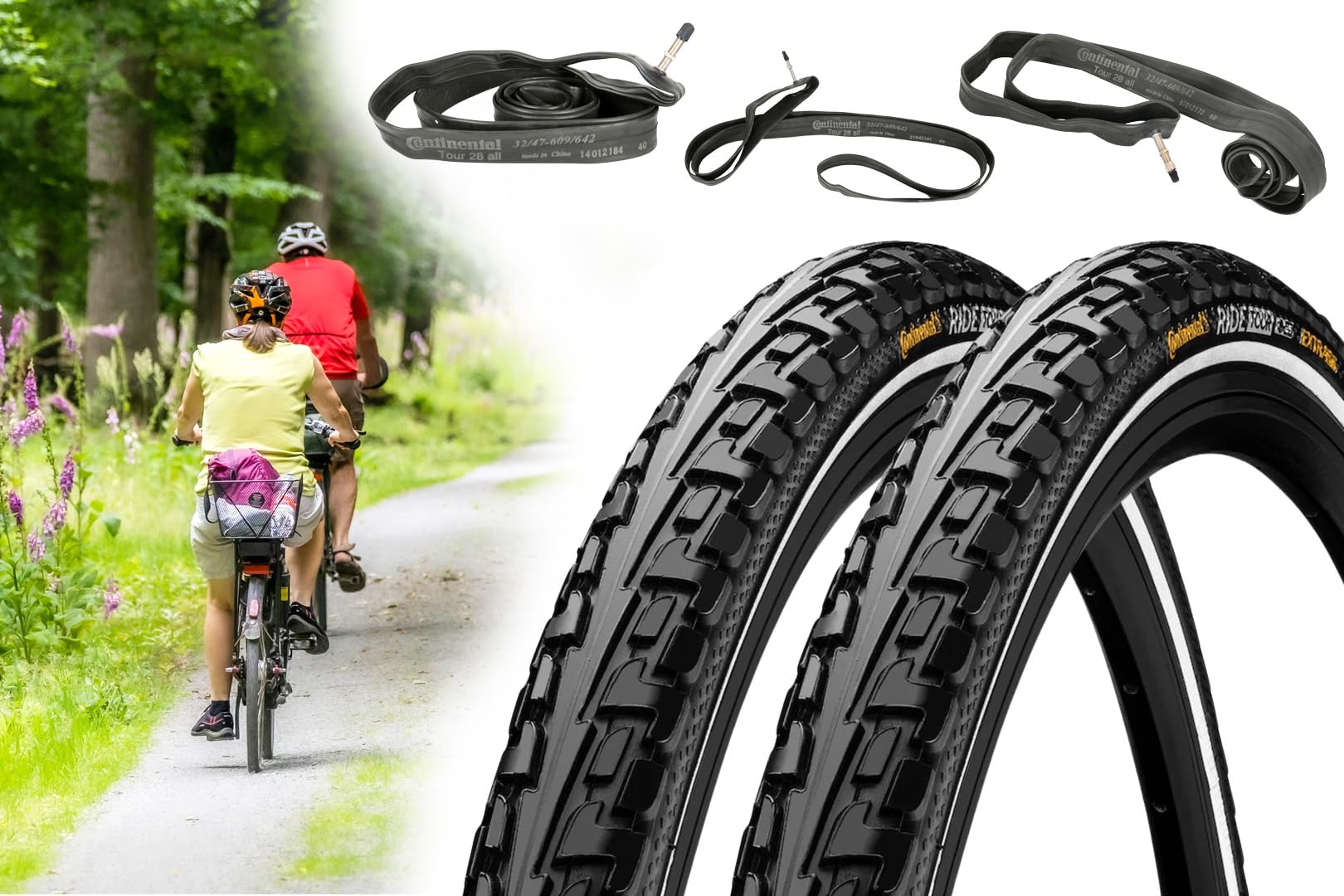 2X Fahrradreifen Continental Ride Tour 1.60 x 28 Zoll, 42-622, Pannengürtel Puncture Belt + Schlauch AV/DV/SV Ventil oder ohne, auch E-Bike bis 25km/h
