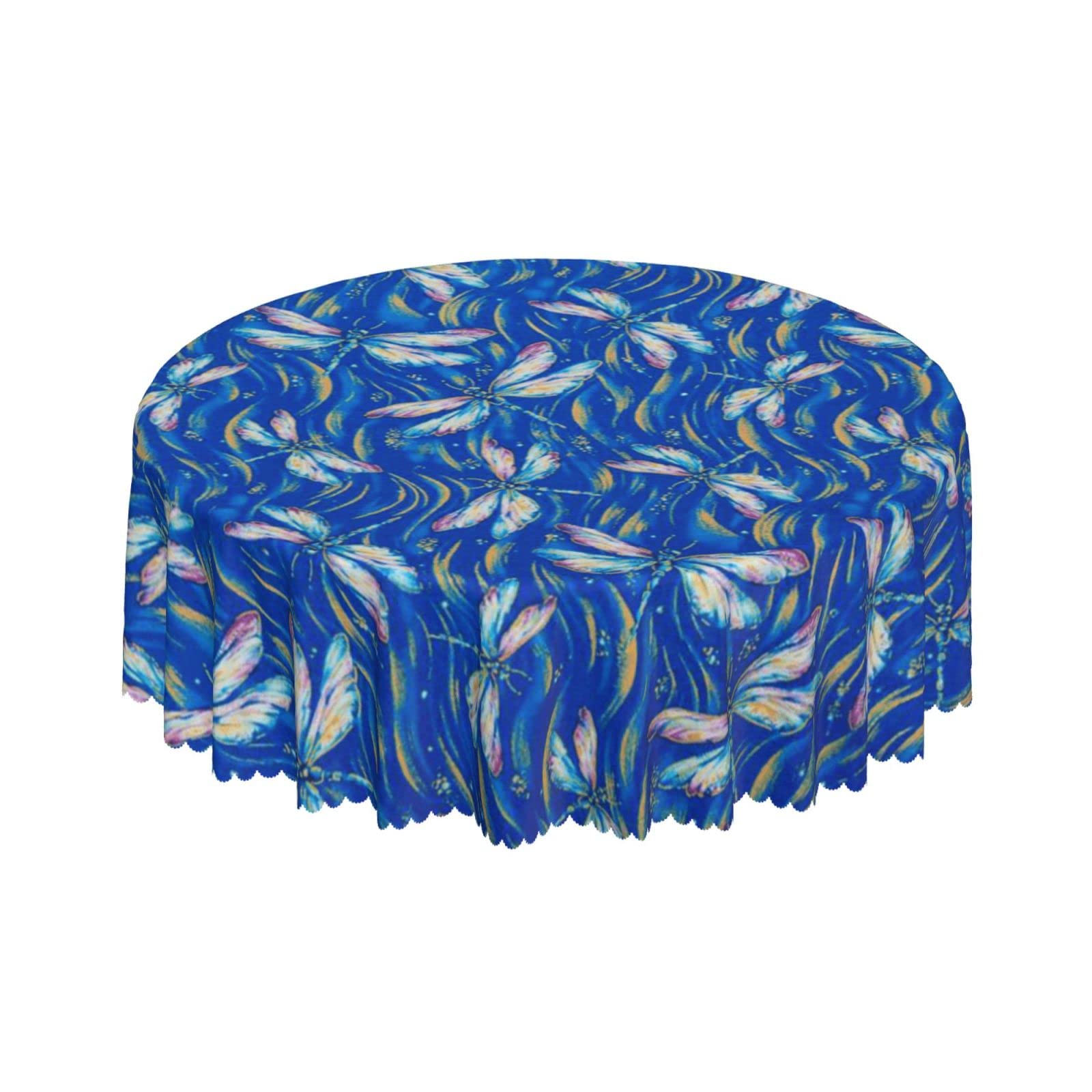 Lsjuee Abstract Dragonfly Blue Round Tablecloth 60 Inch Printed Washable Tablecloth for Dining Party Holiday Fall Home Decorative
