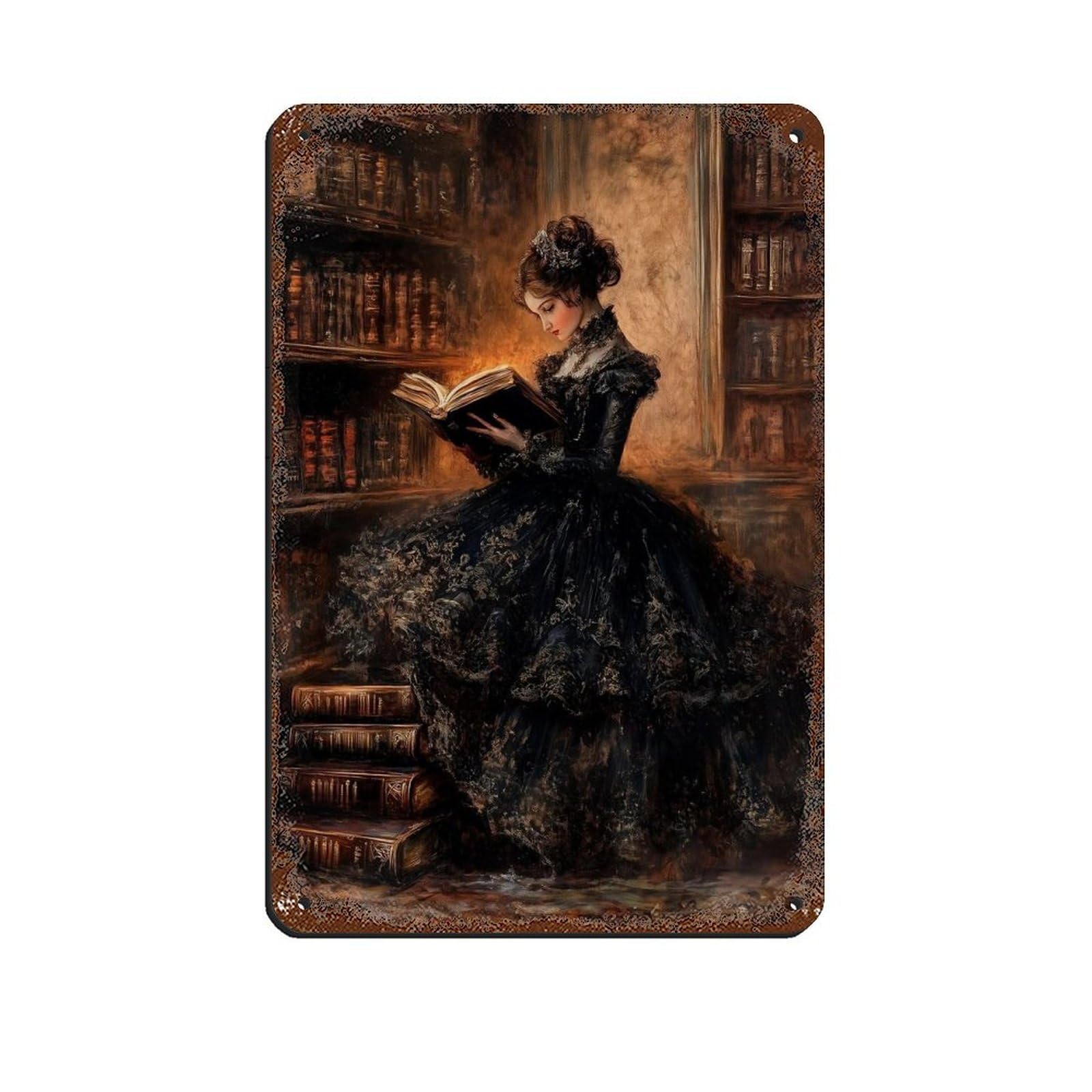 Victorian Lady Reading, Dark Academia Library Art Tin Sign Vintage Metal Pub Club Cafe Bar Home Wall Art Decoration Poster Retro 8x12inch(20x30cm)
