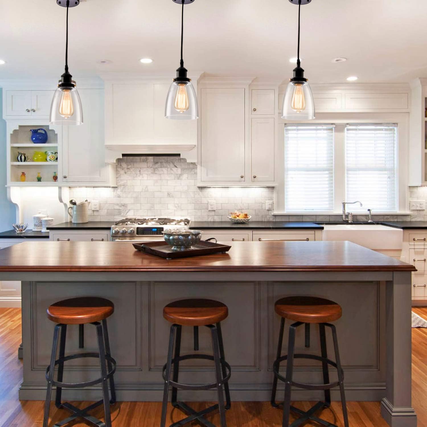 GLADFRESIT Kitchen Pendant Lighting for Island, Industrial Edison Hanging Light with Clear Glass, Adjustable Nylon Core Ceramic Holder Lighting Fixture Indoor for Dining Room (Bulb Not Included)