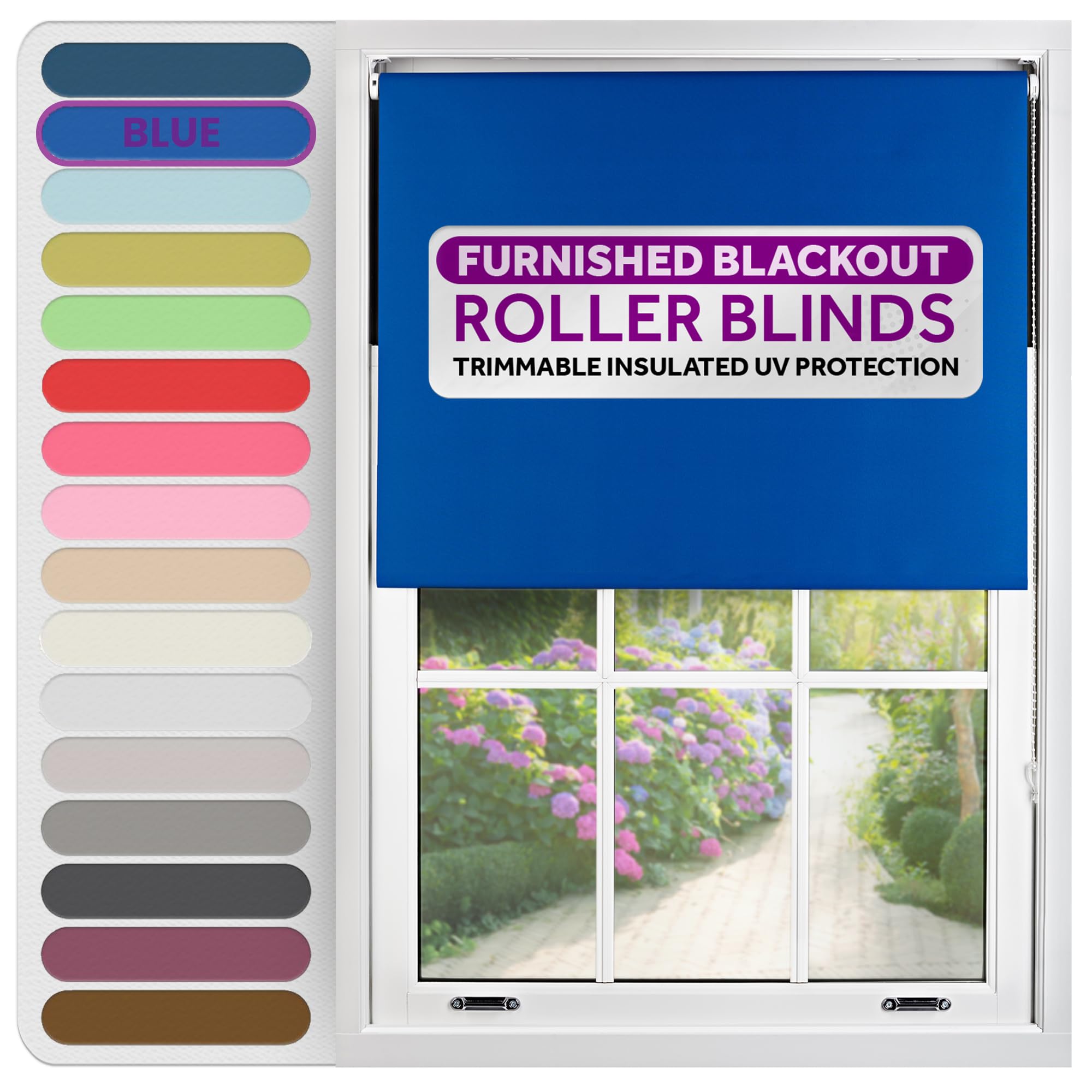 FURNISHED Roller Blinds Thermal Blackout Roller Blind - Trimmable Insulated UV Protection Child Safe Easy Fit Home Office Window Blinds, Blue, 225 cm Wide x 165 cm Long
