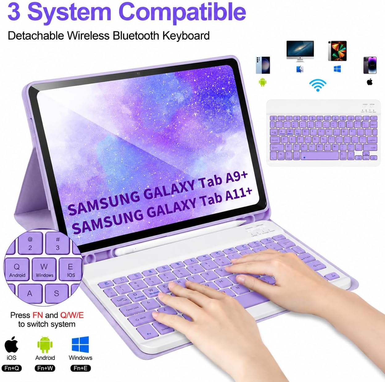 Keyboard Case for Samsung Galaxy Tab A9+/A11+ Plus 2023/2025 11’’,Case with Keyboard for Samsung Tab A9+ with S Pen Holder,Detachable Bluetooth Keyboard for Galaxy Tab A11+ Auto Wake/Sleep,Purple