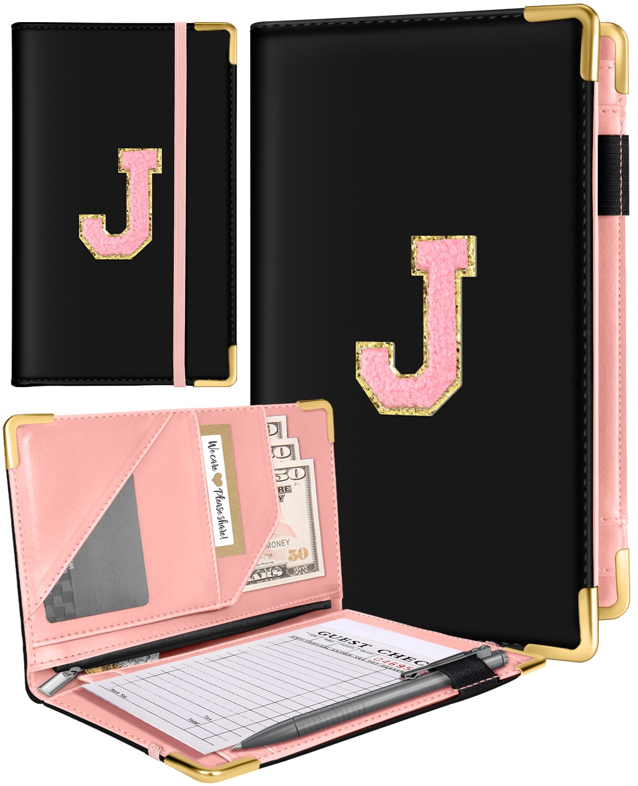 Slohif Server Book for Waitress Alphabet Serving Books with Zipper Pocket Accessories Leather Server Check Book Restaurant Waiter Wallet Server