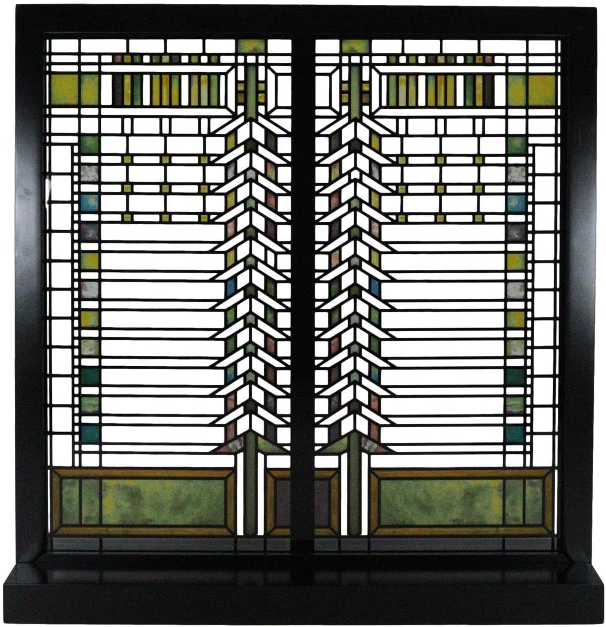 Ebros Gift Frank Lloyd Wright Darwin Martin House Casement Replica Stained Glass Art Panel Decor Desktop Plaque with Wooden Base Stand 12.5" High Architectural Accent