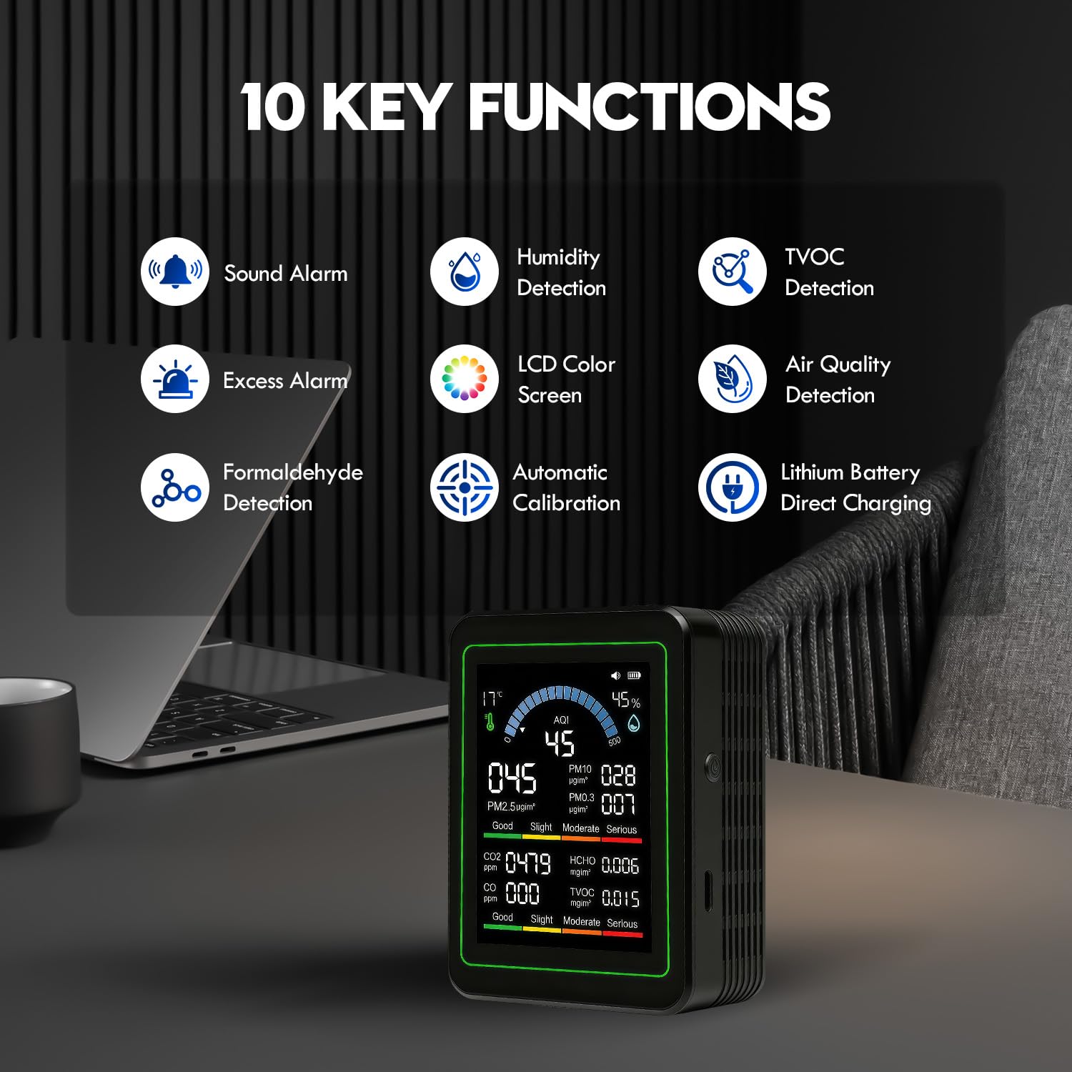 10 in 1 Indoor Air Quality Monitor, Portable Smartair air Quality Tester, Portable Real-Time Detector, with AQI,Fit for Home Cars Hotel Plants and Pets(Black)
