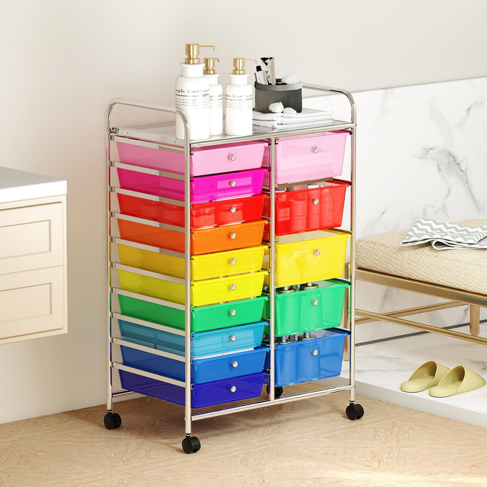 RELAX4LIFE Carrello Portaoggetti con 15 Cassetti Staccabile，Impilabili e Impermeabile, con 4 Ruote Universali, Salvaspazio di Grande Capacità, Multiuso per Cucina, Bagno e Ufficio (COLORATO 4)