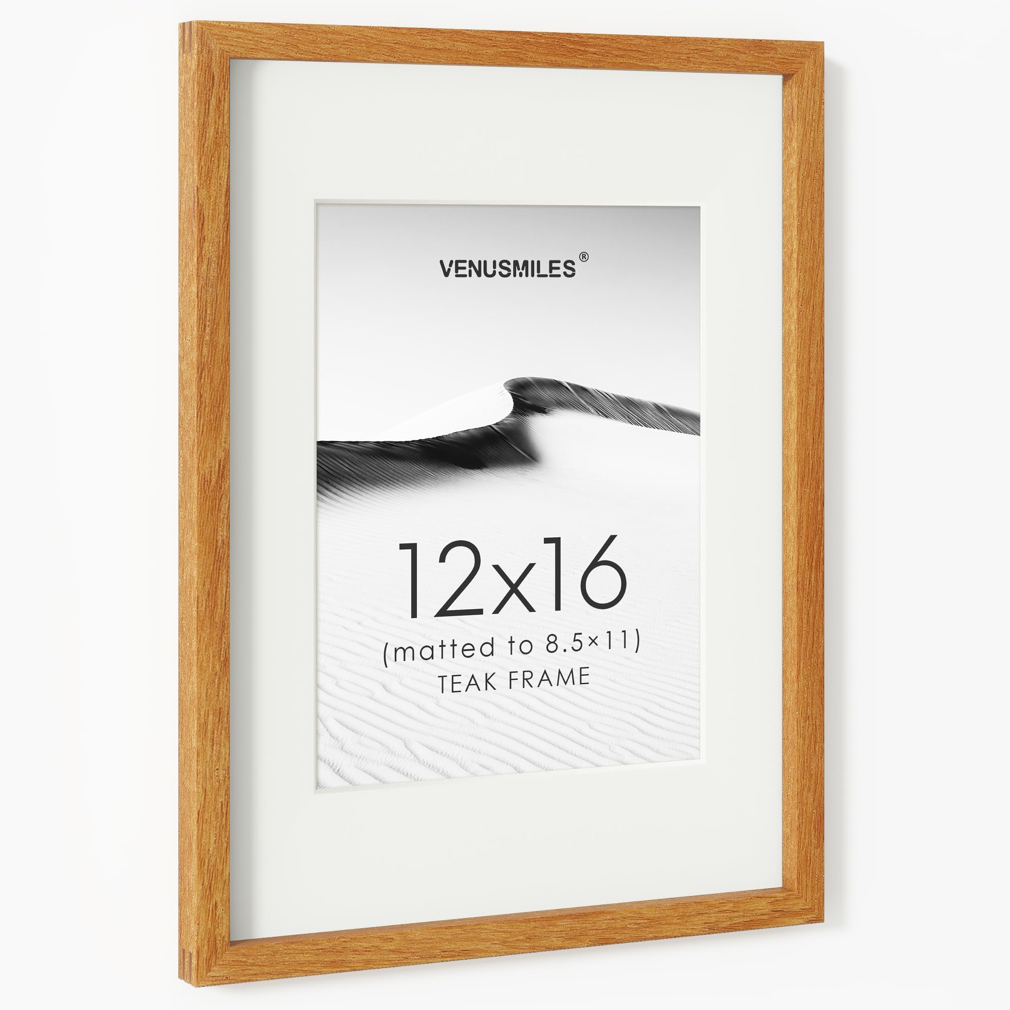 12x16 Picture Frame, USA-Sourced Natural Teak Wood Photo Collage Frame with HD Tempered Glass, Modern Simple 12 x 16 Wooden Frame Matted to 8.5x11, Vertical &amp; Horizontal Wall Hanging Display