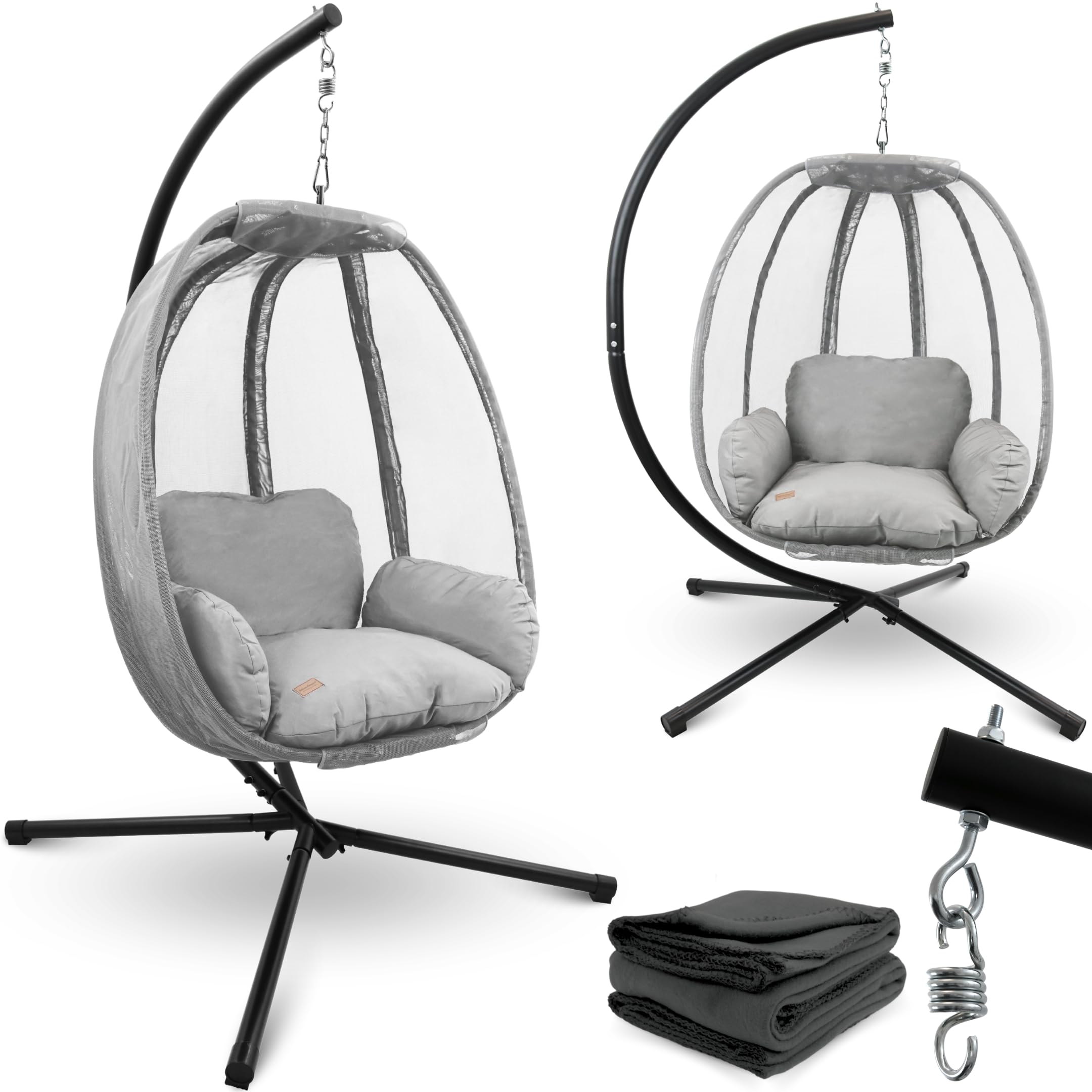 Hängesessel mit Gestell Hellgrau I Hängekorb mit Kissen & Kuscheldecke I Hängeschaukel Sessel Indoor & Outdoor I Terrassenschaukel