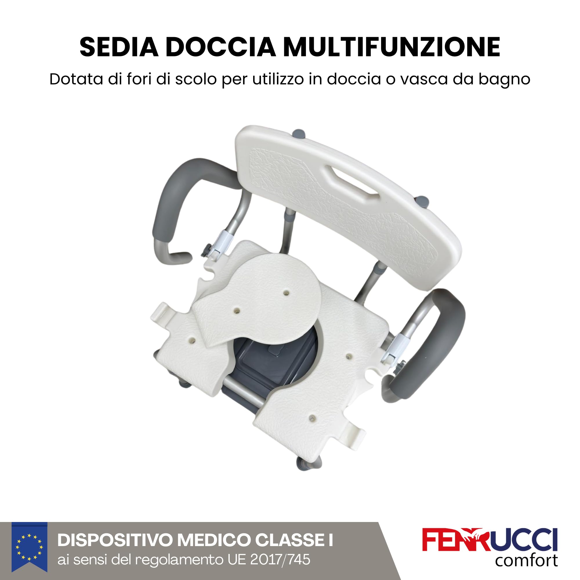 Sedia da Doccia e WC Comodo Multifunzione con Secchio - Regolabile in Altezza, in Alluminio, Braccioli sollevabili - per Anziani e Disabili - Dispositivo Medico Classe 1