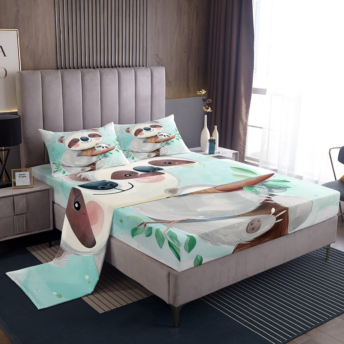 Feelyou Cute Koala Bed Sheets Set Kids Cartoon Koala Sheet Set Boys Girls Koala Family Botanical Decor Sheets with Deep Pocket Fitted Sheet Microfiber