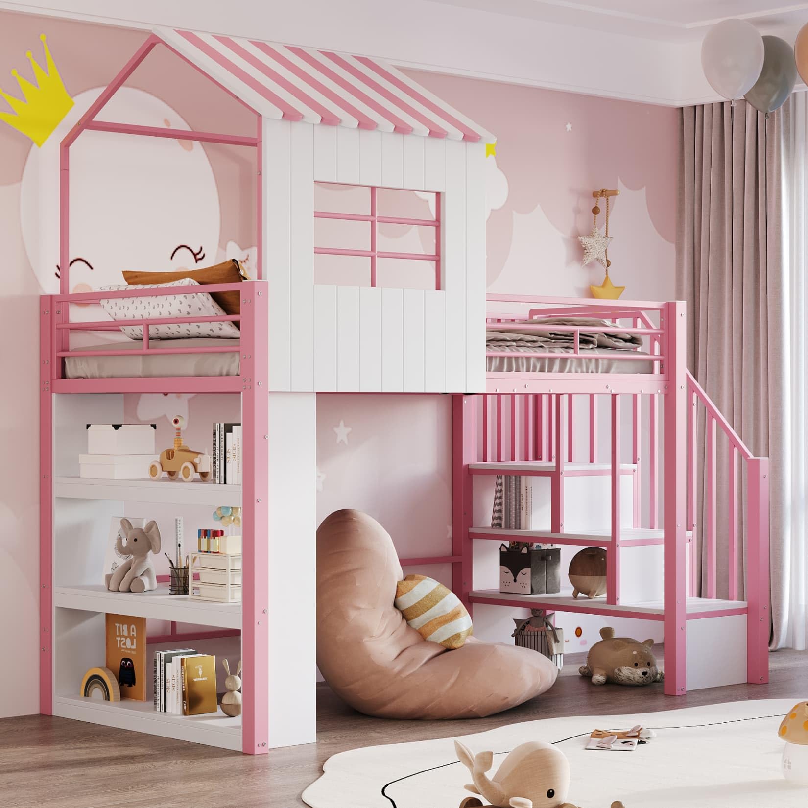 EURHCIO Lit Mezzanine 1 Place en Fer 90x200cm,Lit Cabane avec Escaliers de Rangement Réglable,3 Grandes étagères,Fenêtre,Barrières Surélevé,pour Garçons Filles Adolescents (Rose)
