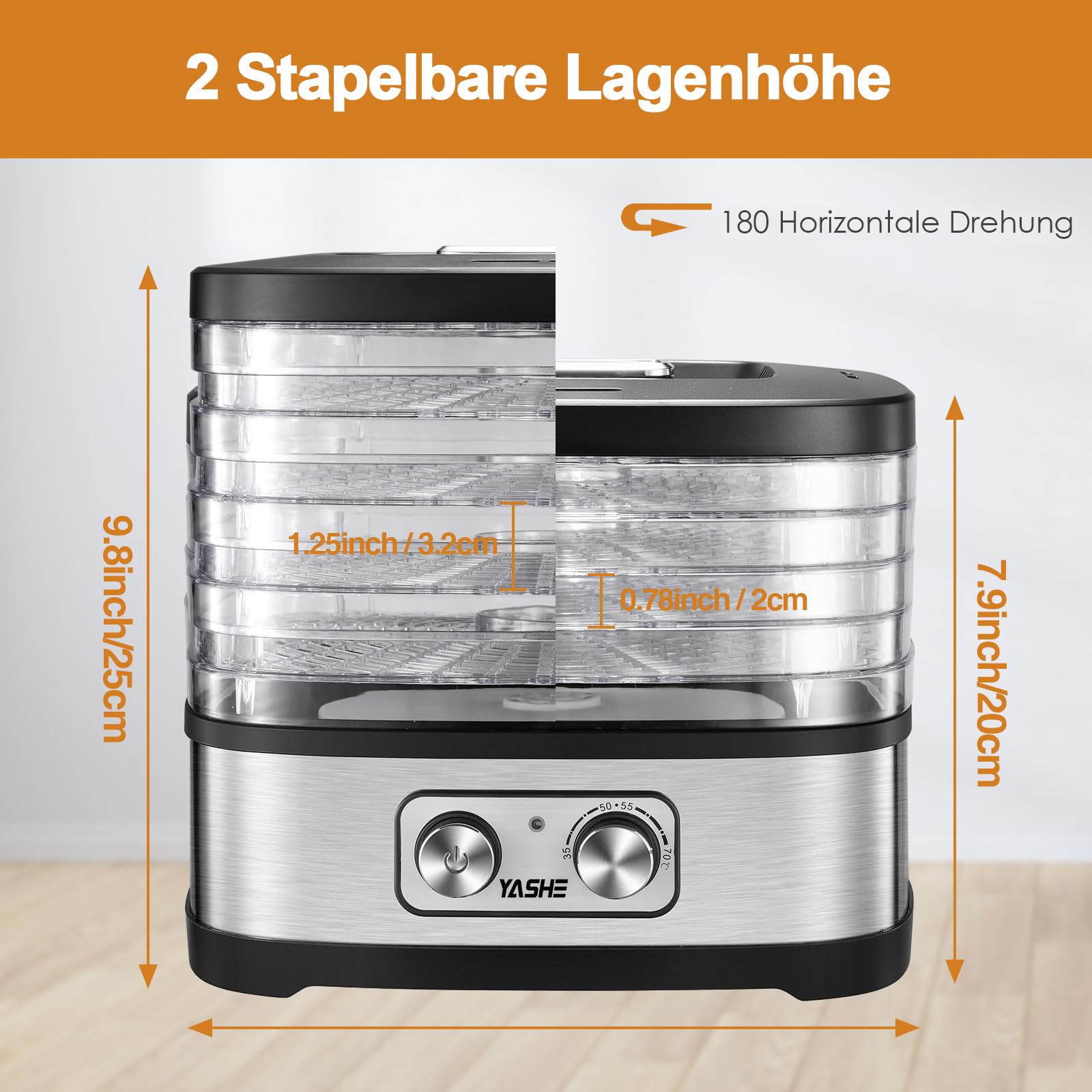 YASHE GGJ-261A Dörrautomat mit 5 höhenverstellbaren Tabletts, Temperaturregelung von 35-70°C, 240 Watt Dörrgerät für Obst und Gemüse, BPA-frei, Silber, Klar, Schwarz