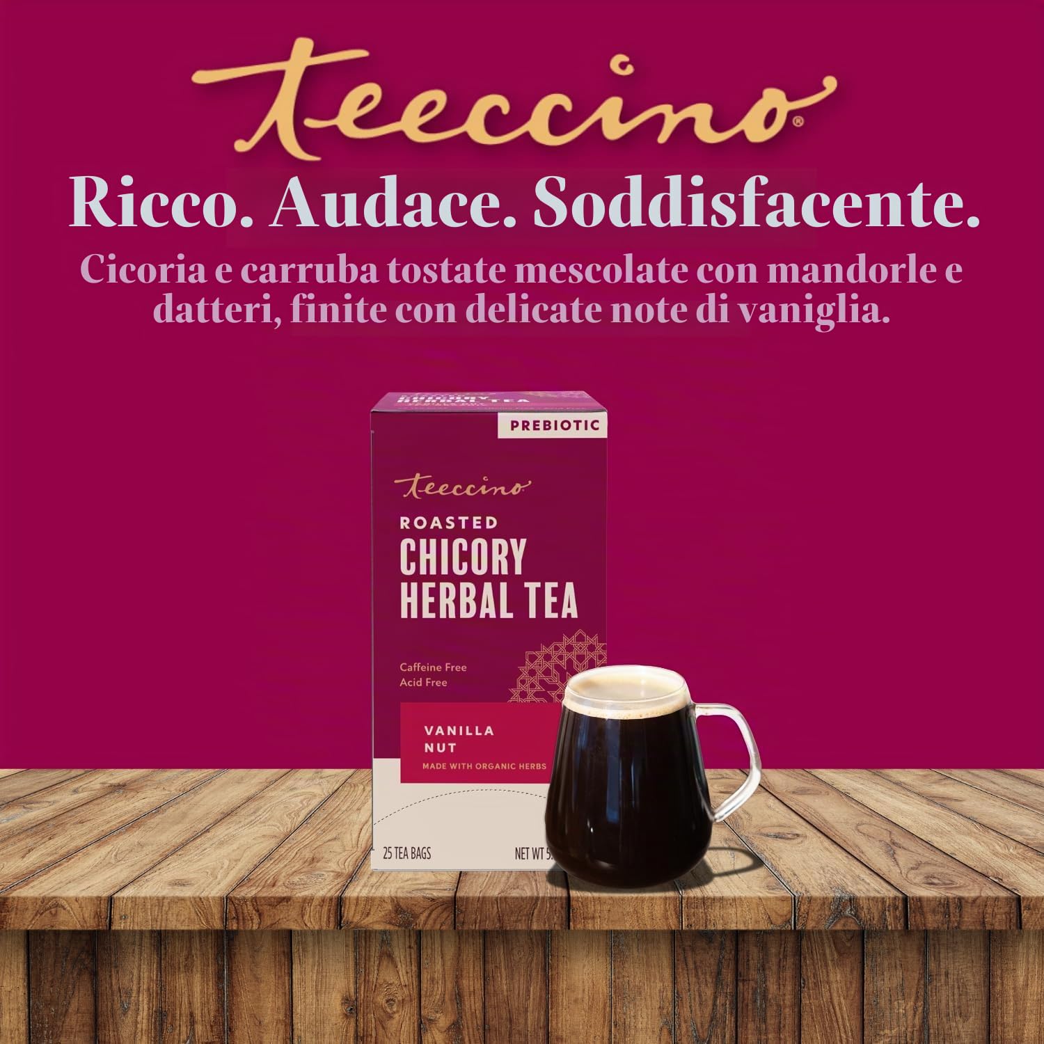 Teeccino Tisana alla Vaniglia - Tisana ricca e tostata senza caffeina e prebiotica per un'energia naturale, 25 bustine di tè
