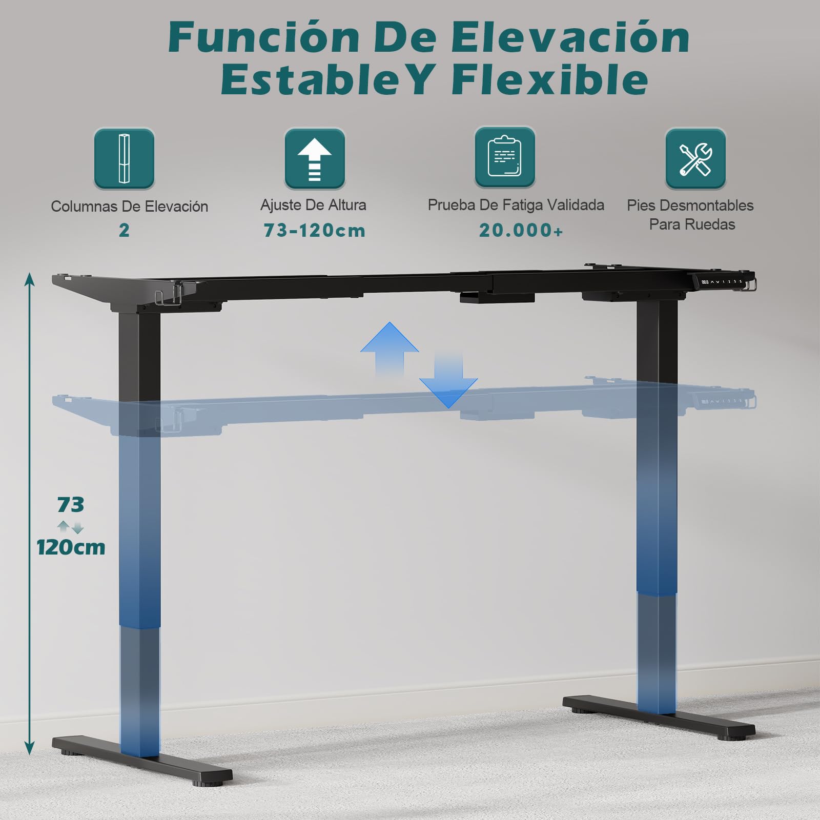 Devoko Estructura de Escritorio Regulable en Altura 73-120cm con 2 Motores Potentes Marco de Escritorio de pie con 3 Botones de Memoria y Ruedas, Ganchos, Caja de Gestión de Cables Negro | Doble motor silencioso, altura ajustable, ruedas móviles + ganchos