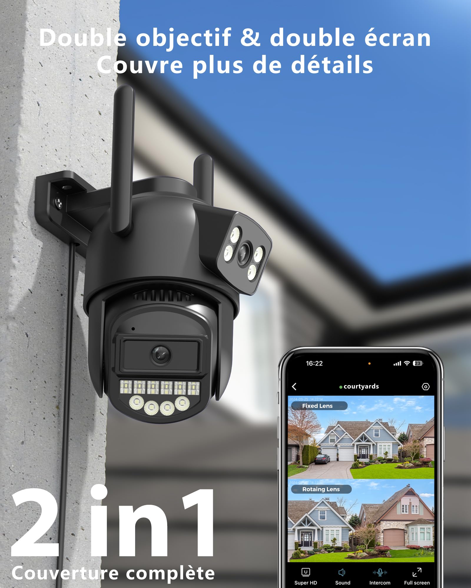 ANBIUX Zewnętrzna kamera monitorująca, z podwójnym obiektywem 6 MP, 2,4/5 GHz WLAN, monitoring zewnętrzny, PTZ, Ethernet, noktowizor, dwukierunkowy dźwięk, alarm syreny, IP66,2P