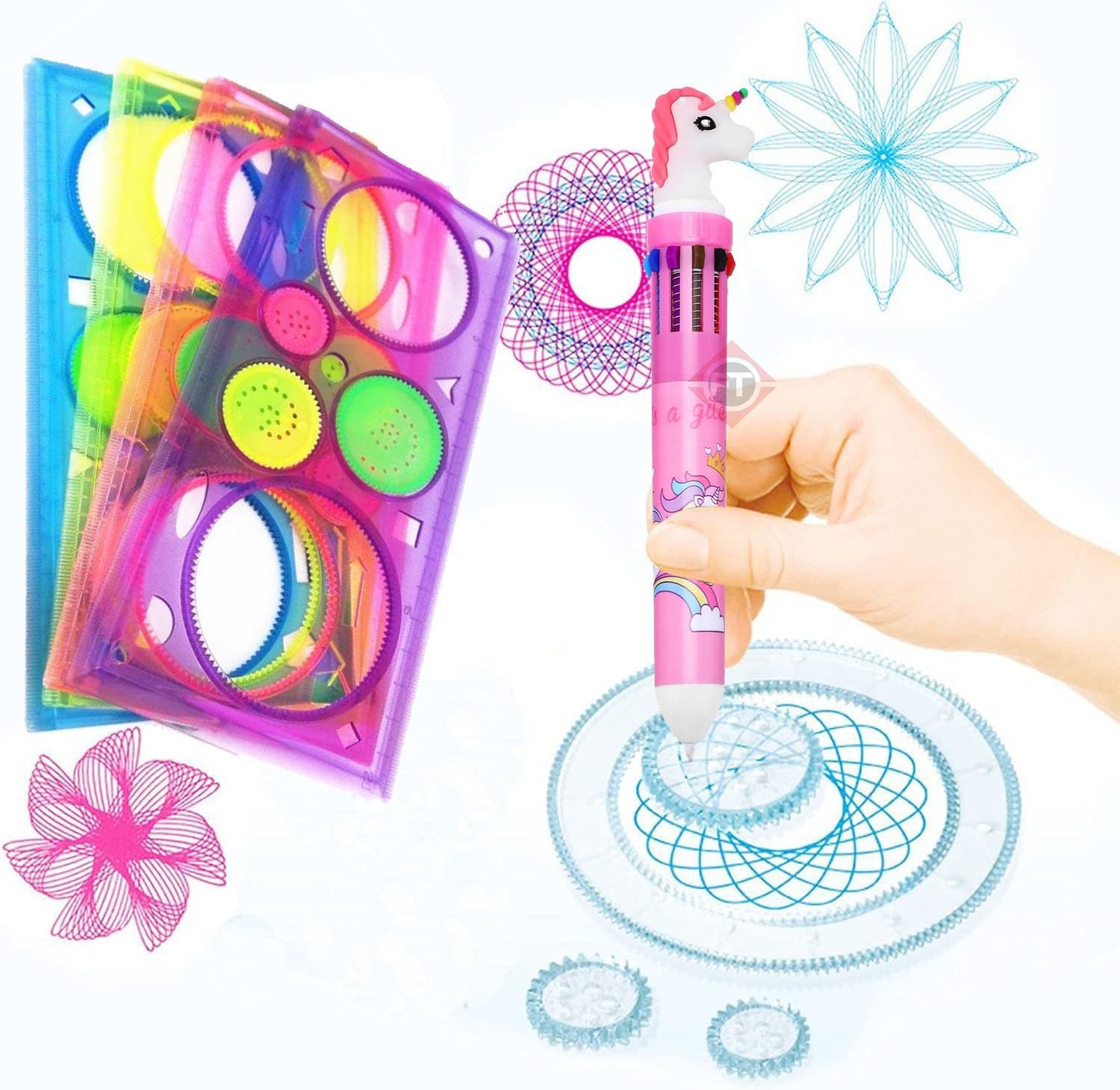 Firstly Creative Mandala Spirograph Geometric Ruler And Unicorn Pen Ten In One| Art & Craft Sets School Stationery Return Gift For Children Kids Students (4 Scale+ Pen) - Multicolor
