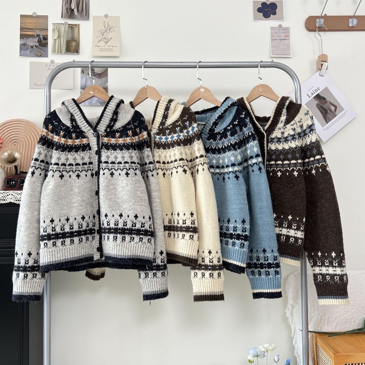 utcoco Womens Snowflake Christmas Cardigan Sweaters Color Block Knit Sweater Coats with Hood - Image 7