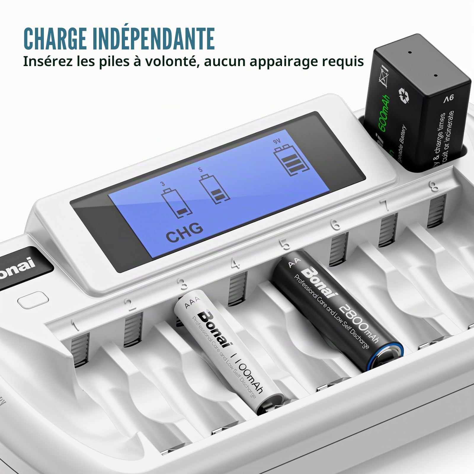 BONAI Chargeur de Piles LCD 8+1 Slots, Universel AA/AAA/9V Ni-MH, Écran LCD Intelligent, Charge Indépendante, Fonction de décharge intégrée