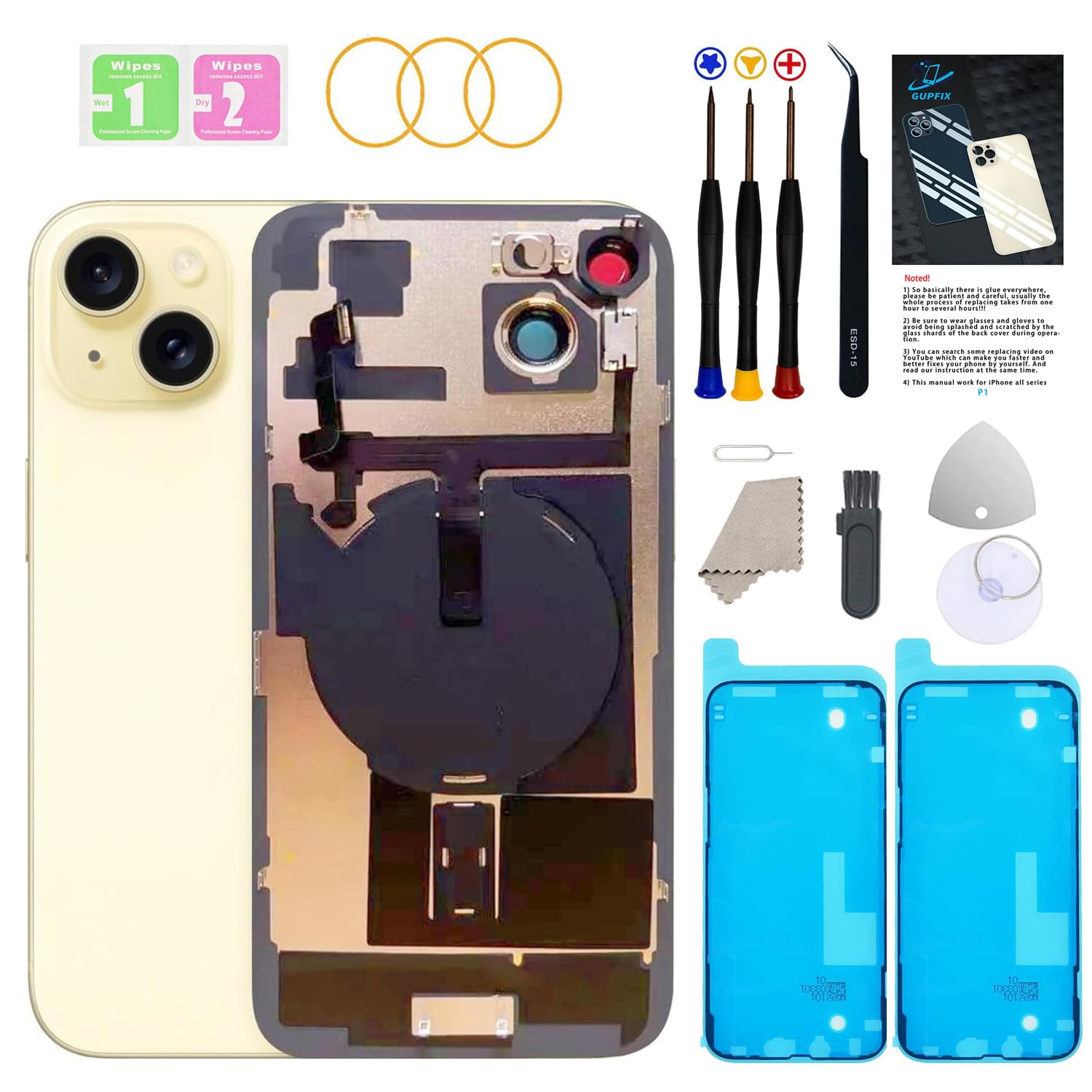 GUPFIX Back Glass Replacement for iPhone 15Plus with Repir Tools, Big Hole Rear Back Cover Glass Replacement All Carriers with Pre-Installed Adhesive