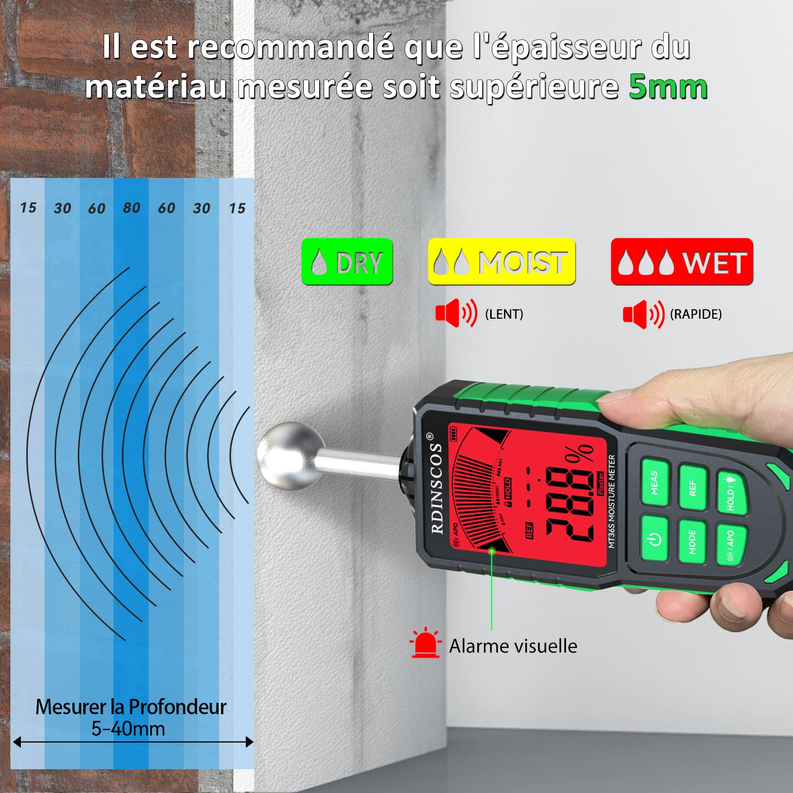 Testeur Humidité,RDINSCOS Détecteur Humidité 20-40mm Rechargeabilité Humidimetre avec Ecran LCD Couleur NON Destructif Testeur d'humidité pour Murs,Bois,Maçonnerie,Béton