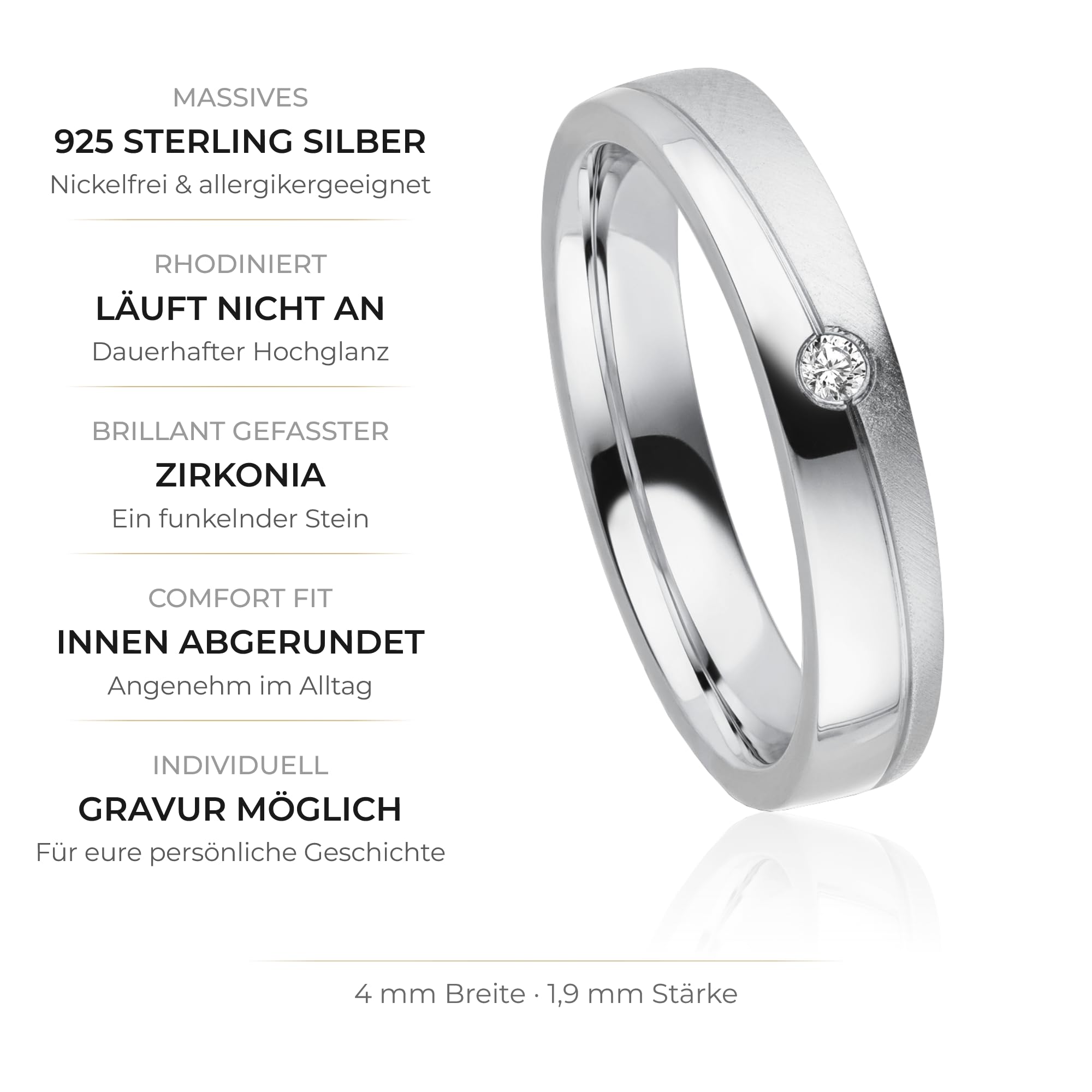 Kolibri Rings Damenring Zirkonia 925 Sterling Silber - Made in Germany - Schrägmatt/Poliert - Inkl. Gravur und Etui - Ehering Verlobungsring