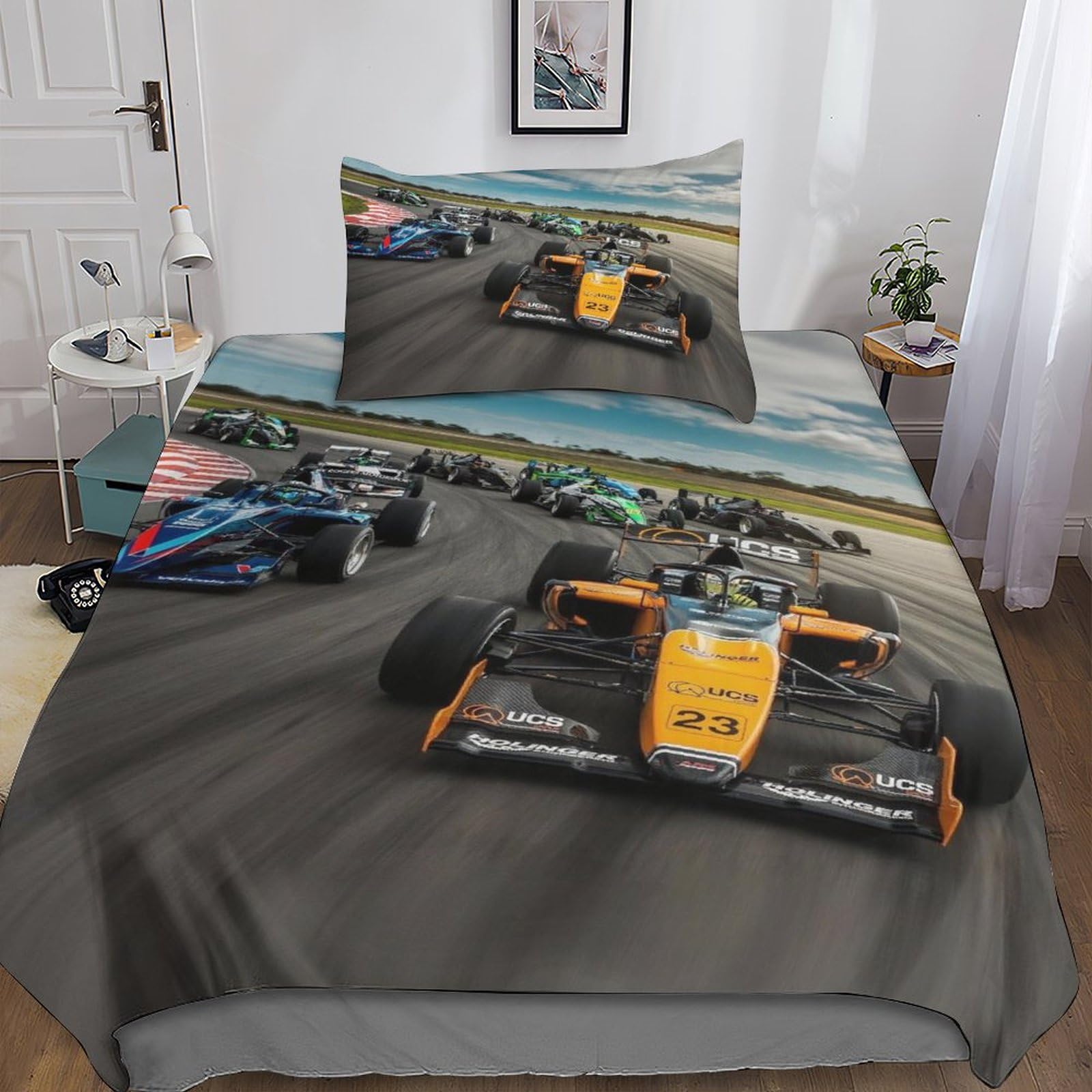 DAFUfbw Super Racing Car Luxe Quilt Cover Set Hidden Zipper Duvet Cover Set with Pillowcases Formulaone Bedding Set Soft Microfiber Comforter Cover Kids & Adults Single（135x200cm）