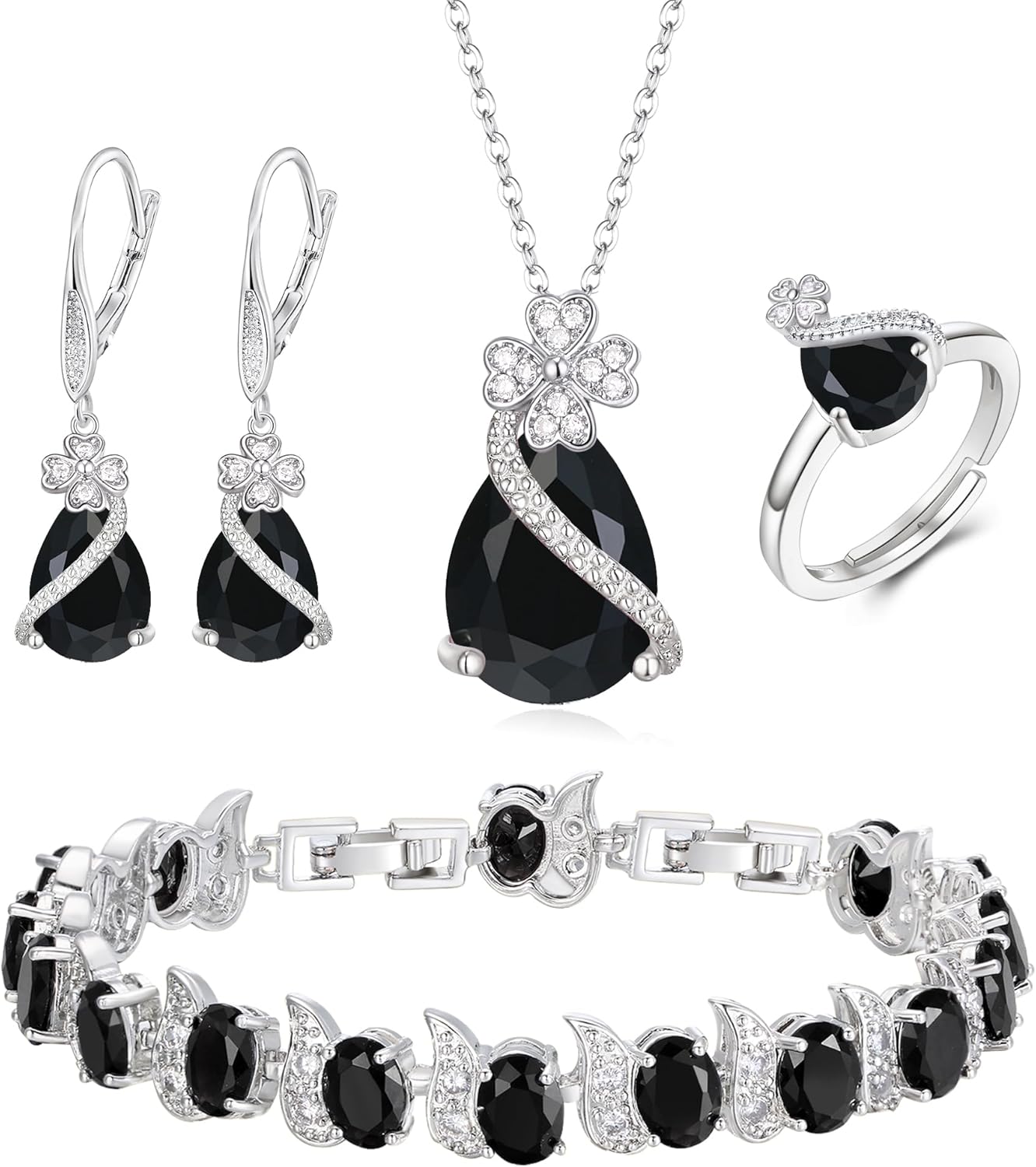 EleQueen 4 Clovers Necklace Earrings Ring Bracelet Set for Women Bride Bridesmaid, Cubic Zirconia Jewelry Set Gift