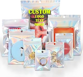 Custom Resealable Mylar Holographic Color Bags,Clear Food Storage Pouches with Window,Plastic Packaging Shiny Favor Bags for Gift with Personalized Logo Text (Holographic, 3.94 * 5.91 inches)