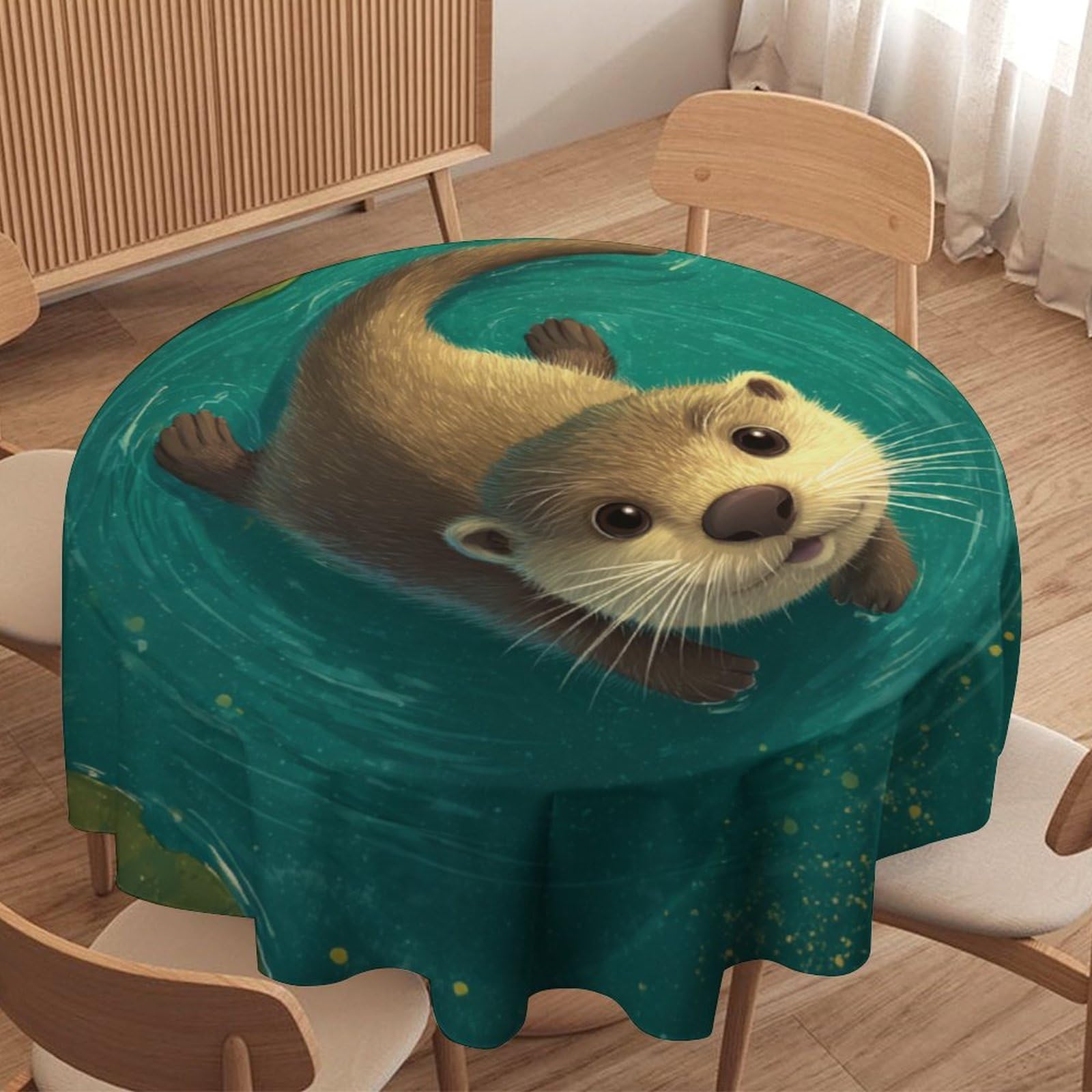 LUYYSKY Beautiful Watercolor Cute Otters Waterproof Round Tablecloth Rustic Realistic Plants Lotus Leaves Floral Animals Otters Print Washable Table Cover for Kitchen-177.8" Wx177.8 L cm