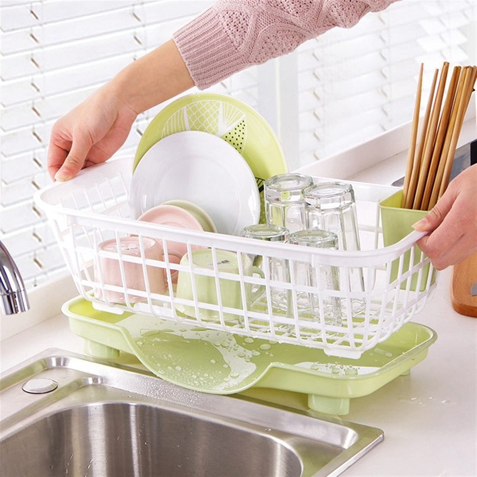 Geschirrkorb Küchengeschirr-Rack-Speicher-Halter-Abtropfschüssel Geschirrteller Tragbares Trockengestell Home Shelf Geschirr-Organizer Geschirr Abtropfgestell (Color : Green)