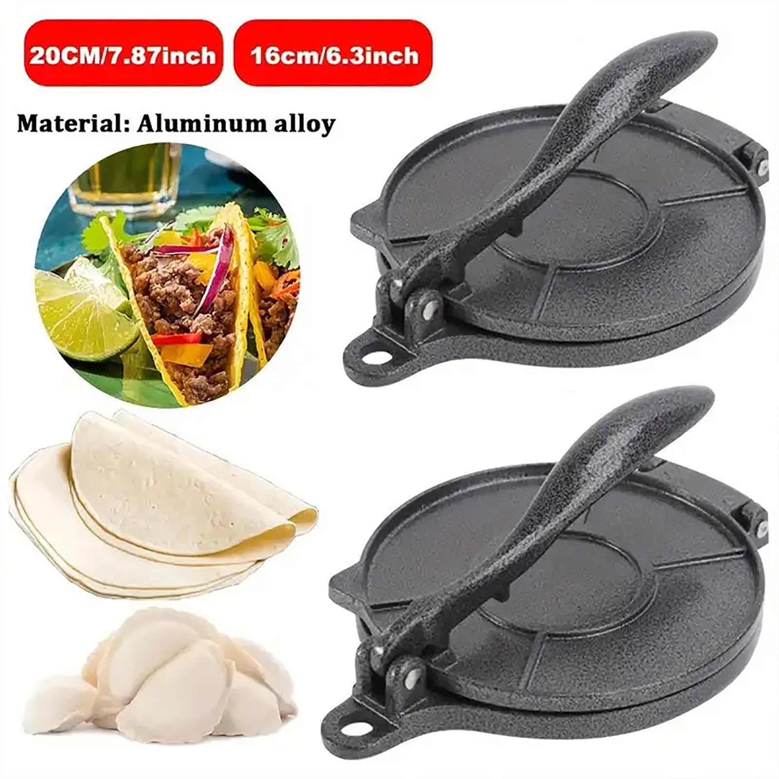 Pressa per pizza e tortilla, in lega di alluminio resistente per appiattire uniformemente l'impasto, ideale per fare tortillas, burritos, pizze e mini ciotole per torte