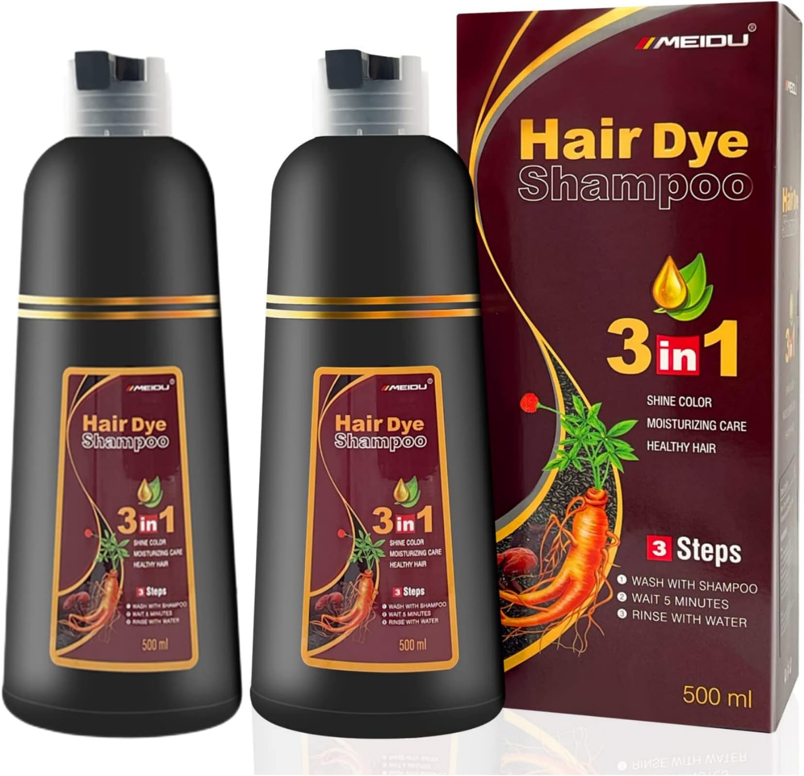 MeiDu Semi-Permanent Hair Dye Shampoo,Ammonia Free,Vegan,Cruelty Free,Long Lasting Results, Lasts 30 Days,Herbal Ingredients 3 in 1 Black Hair Dye 1000ML(Dark Brown).
