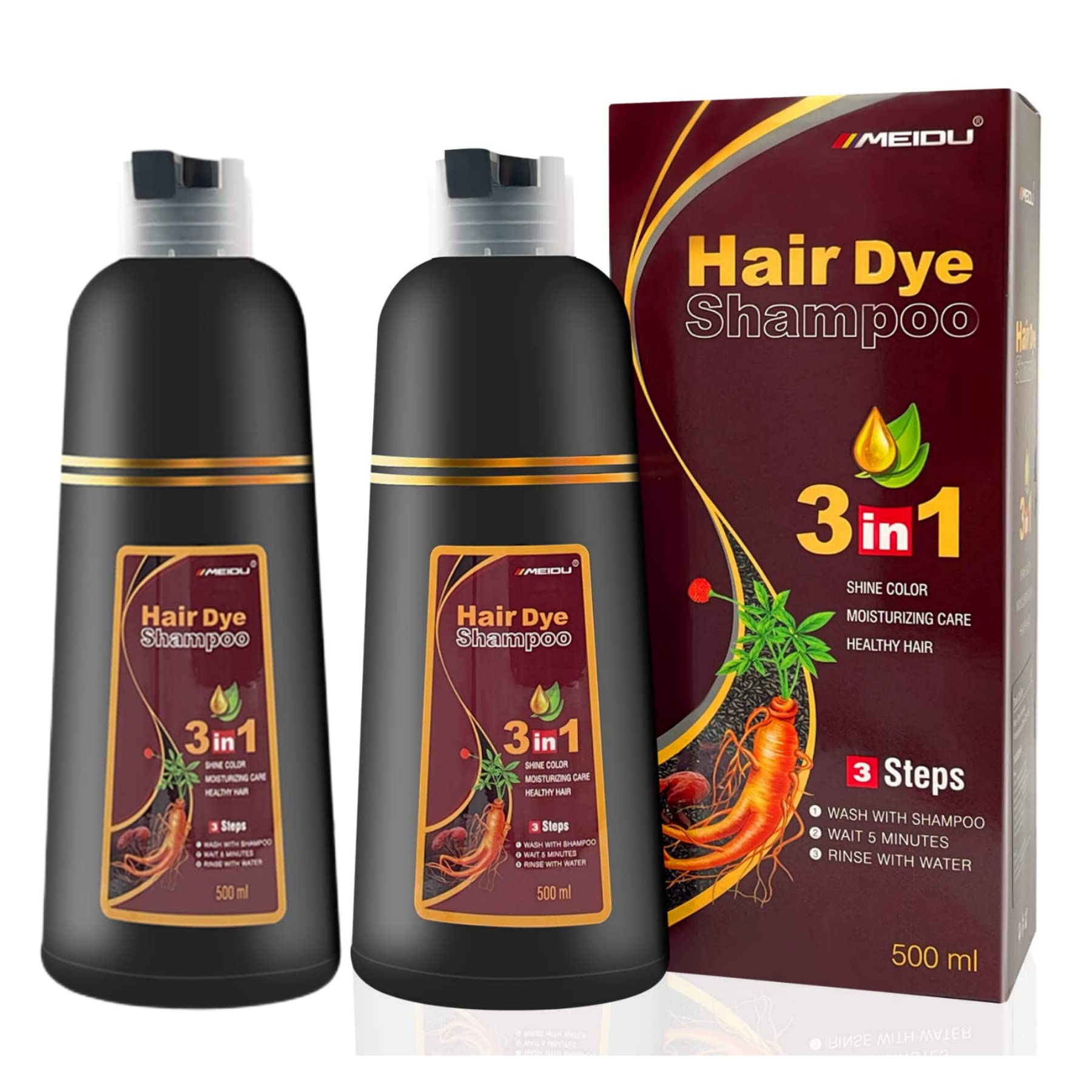 MeiDu Semi-Permanent Hair Dye Shampoo,Ammonia Free,Vegan,Cruelty Free,Long Lasting Results, Lasts 30 Days,Herbal Ingredients 3 in 1 Black Hair Dye 1000ML(Dark Brown).