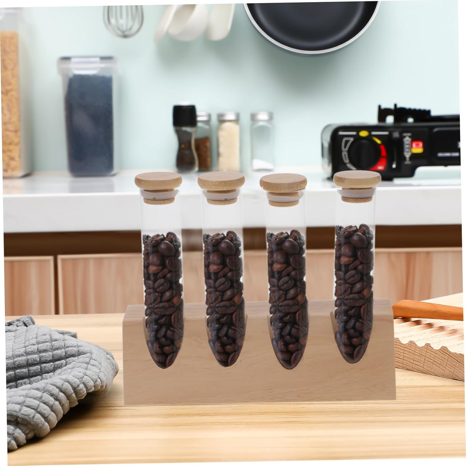 Glass Coffee Bean Storage Canister with Airtight Lid and Wooden Display Stand Sealed Jar for Tea Grains and Coffee Beans for Kitchen Organization