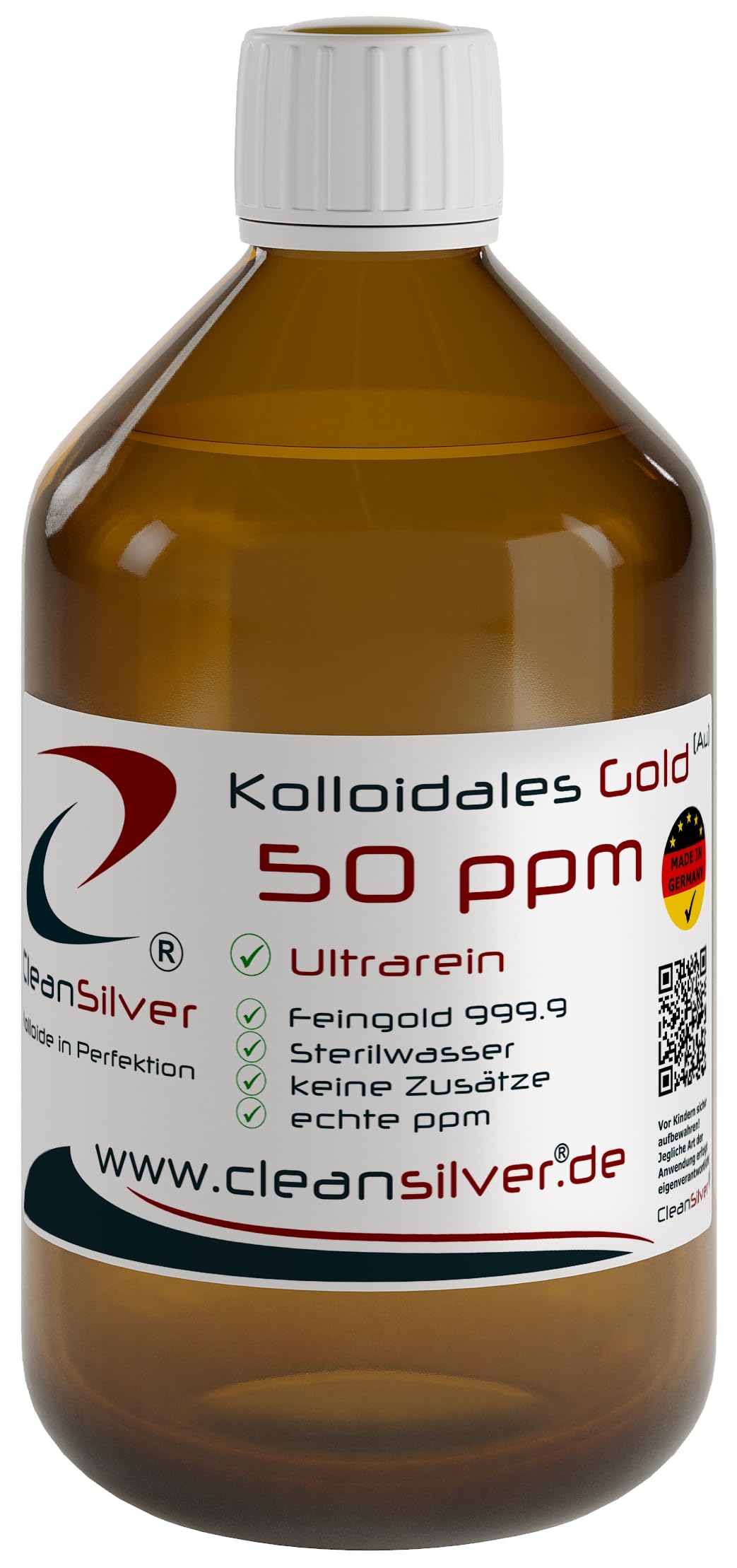 CleanSilver - Kolloidales Gold 50 ppm - 500ml - Ultrarein: Sterilwasser und Feingold 99,99% - Made in Germany - stets frisch nach Bestelleingang, keine Lagerware
