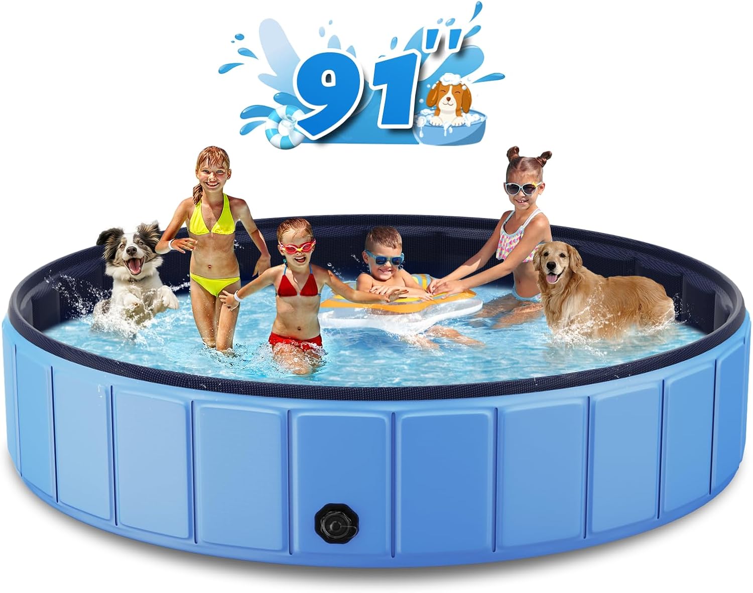 Foldable Canine Swimming Pool, Totiro 91″x16″ Oversize Collapsable Arduous Plastic Moveable Bathing Tub for Pet Canine Kiddie Pool Indoor and Outside Leakproof PVC Play Pool for Massive Canine Pets Pet Children Blue