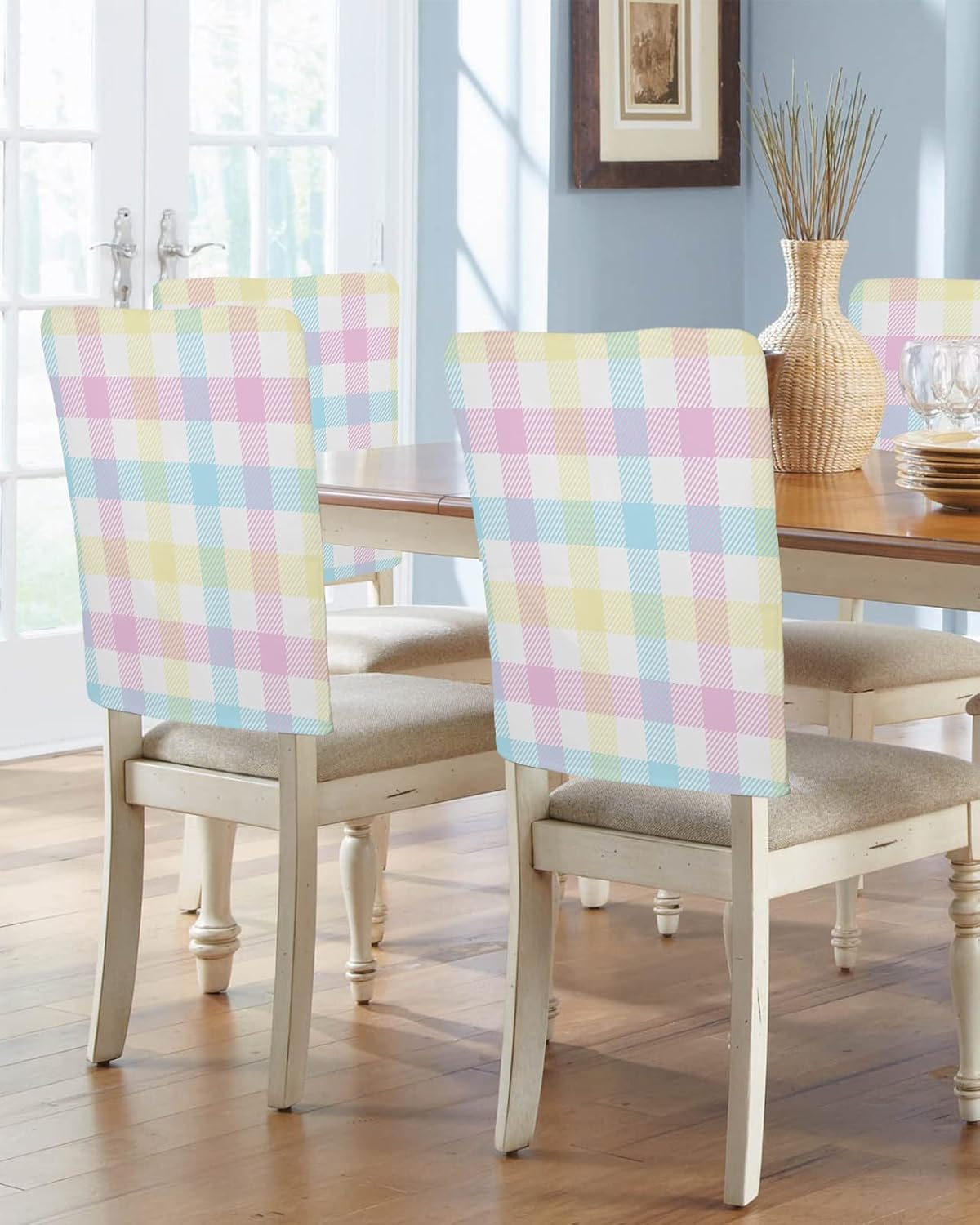 Savannan Dining Chair Back Covers, Easter Plaid Spring Pink Blue Yellow Buffalo Check Chair Covers Chair Slipcovers Protective Covers for Holiday Party Festival Decoration, Set of 4