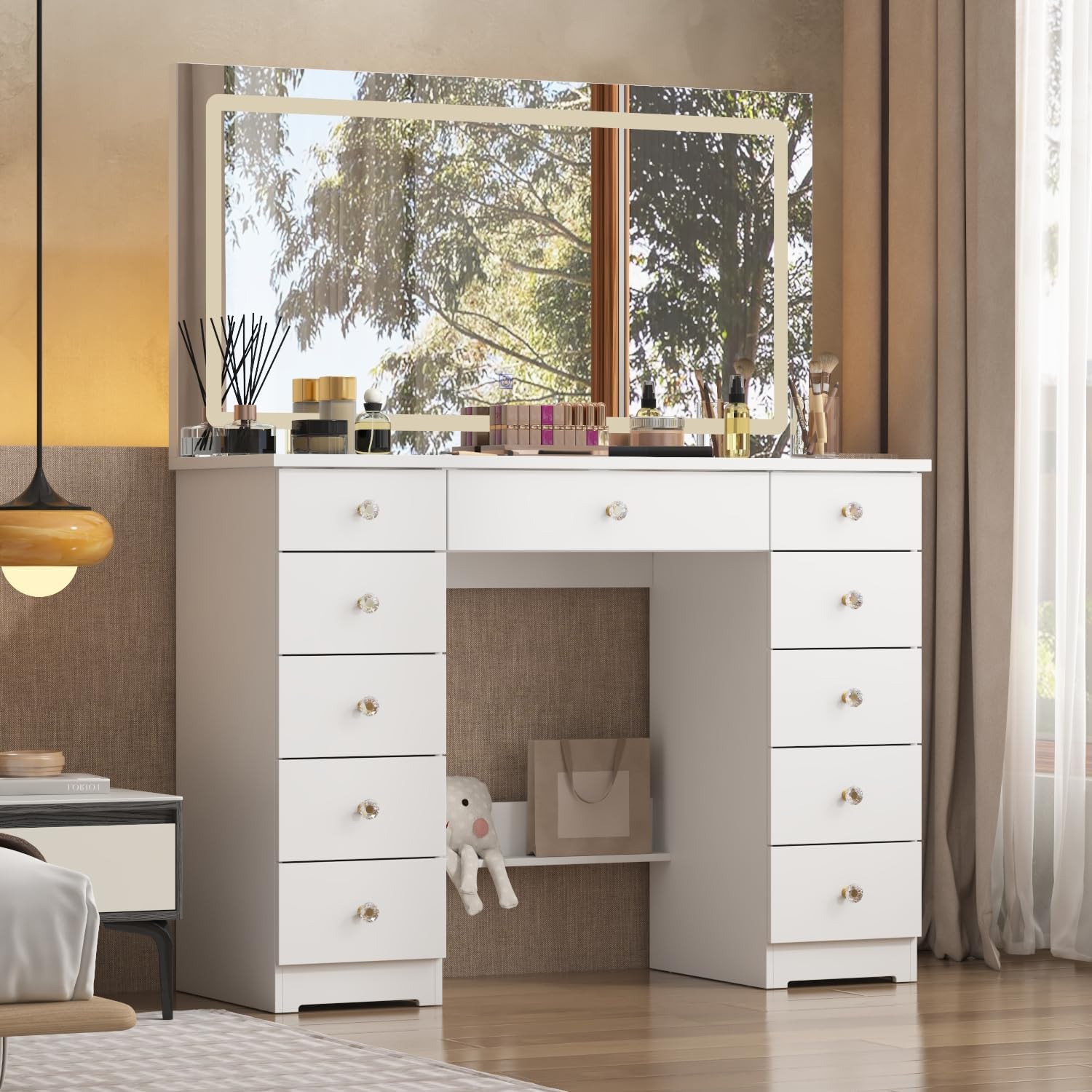Homsee White Makeup Vanity Desk with Mirror and 3-Color Lights, Dressing Table with 11 Storage Drawers & Glass Desktop for Bedroom