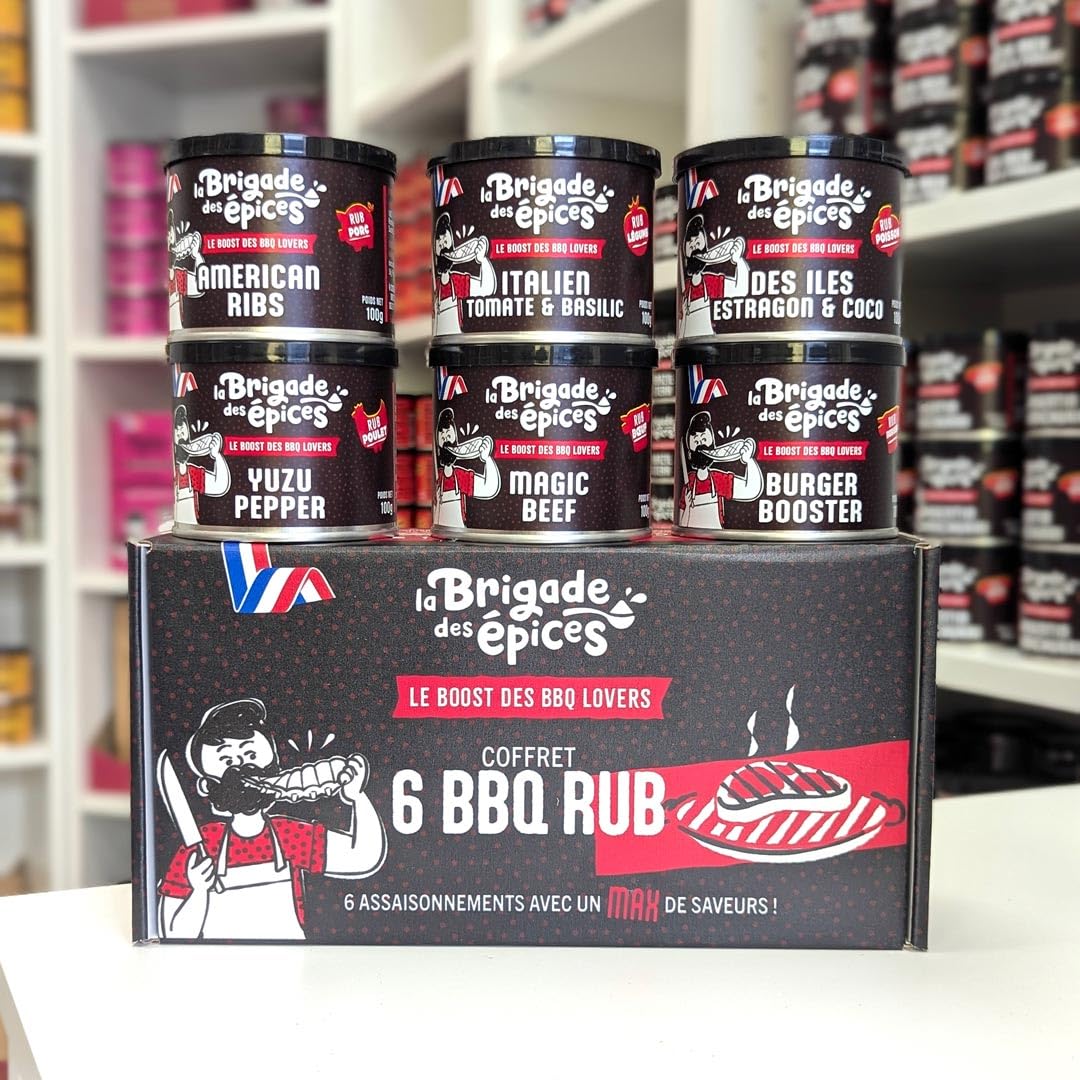 La Brigade des Épices - Coffret BBQ LOVER - Cadeau pour Hommes - 6 Marinades sèches et rubs pour Barbecue - Fabriquées en France & 100% Naturels
