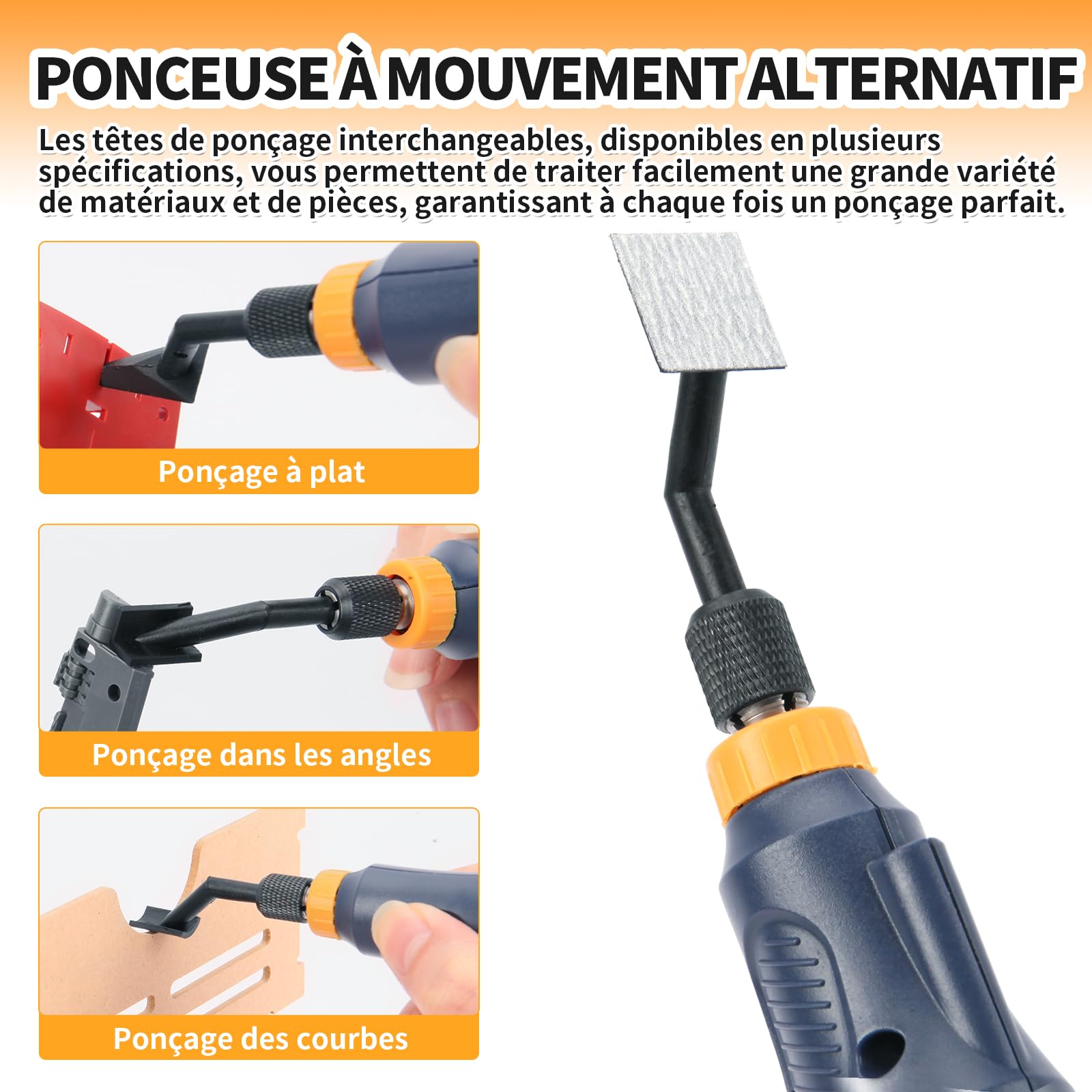 Ponceuse à mouvement alternatif,vitesse variable et recharge USB avec éclairage LED,ponceuse stylo avec 6 têtes de ponçage,idéale pour le ponçage,le polissage (Bleu)