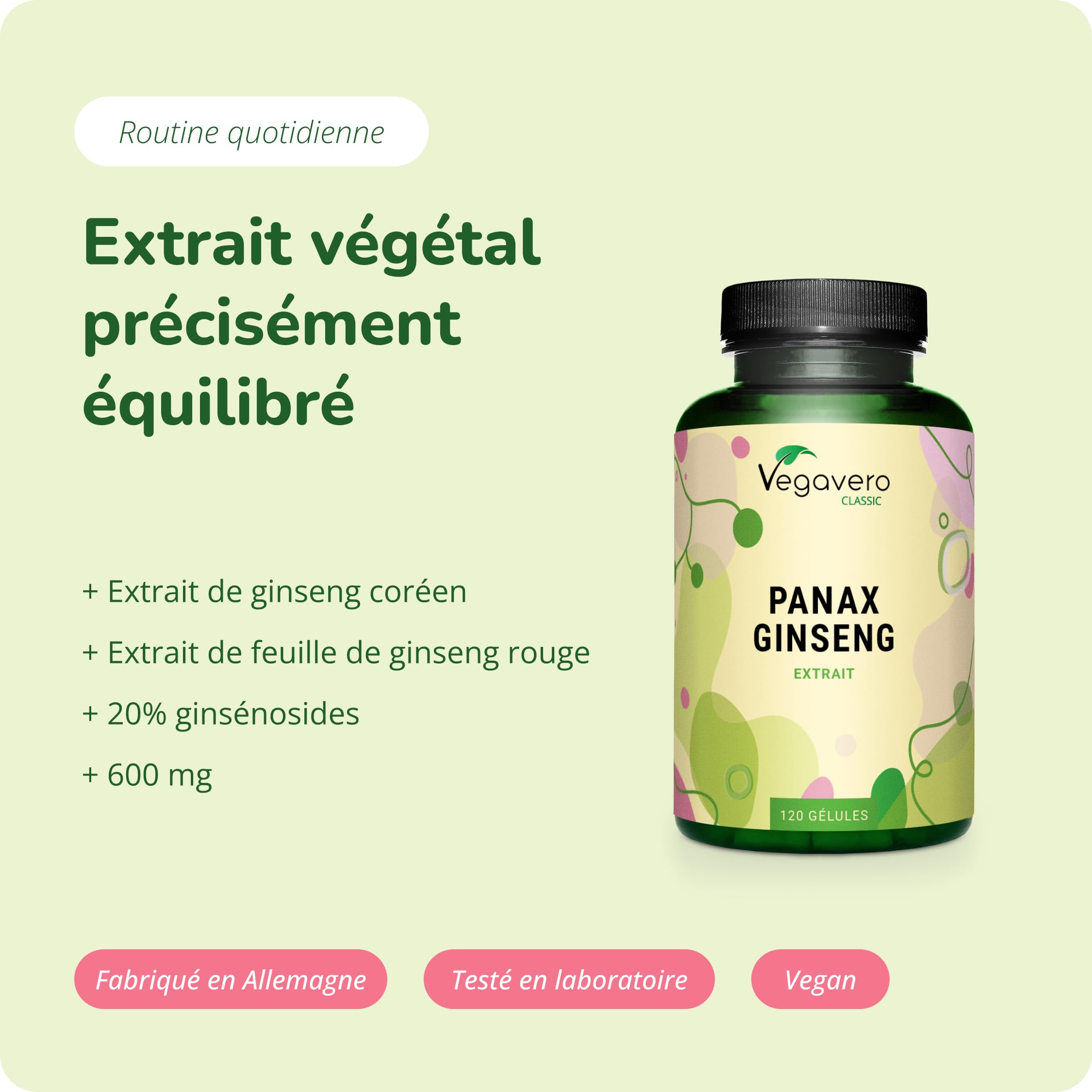 PANAX GINSENG Rouge + Coréen | 120 Gélules | Extra Fort : 4800 mg/j | Anti Stress + Concentration + Énergie Booster | 20% de Ginsenosides | SANS ADDITIFS & VEGAN | Vegavero®