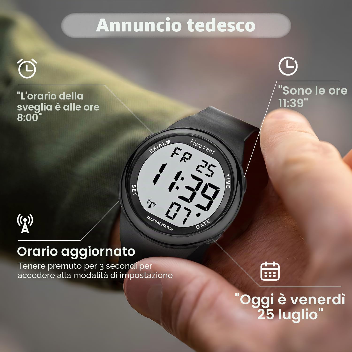 Hearkent Orologio parlante per ipovedenti o anziani LCD grande numero facile da leggere Atomic Orologi parlanti per persone non vedenti