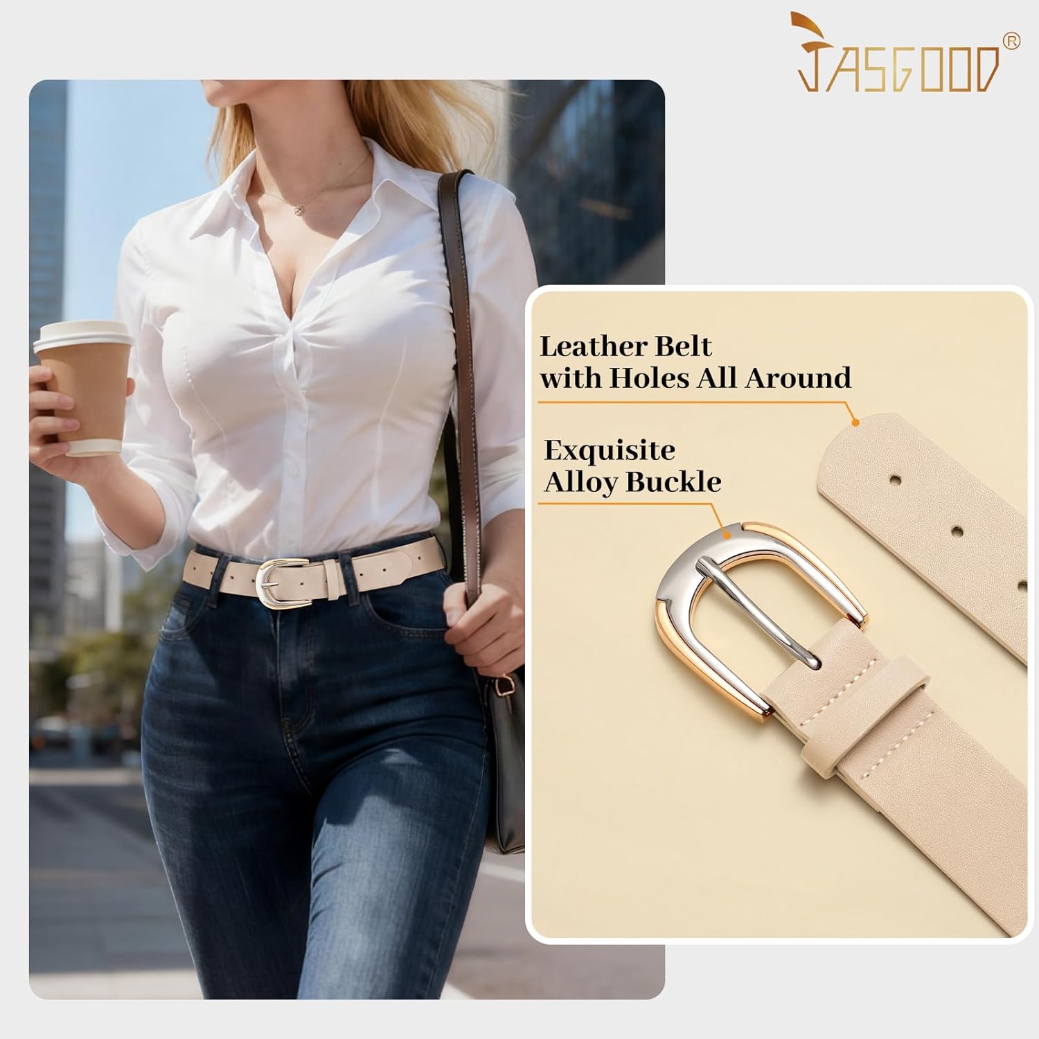 JASGOOD Leather Belts for Women Ladies Casual Belt for Jeans Pants Dresses with Gold and Silver Buckle - Image 2