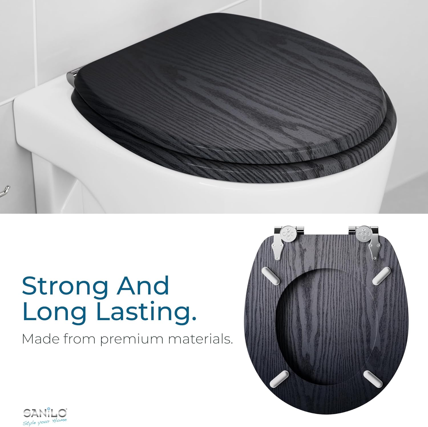 SANILO Wooden Toilet Seat with Soft Close [ROUND] - Decorative, Quiet & Slow Close Molded Wood Seat - With Strong Bumpers & Hinges - Adjustable Fit – Black Wood